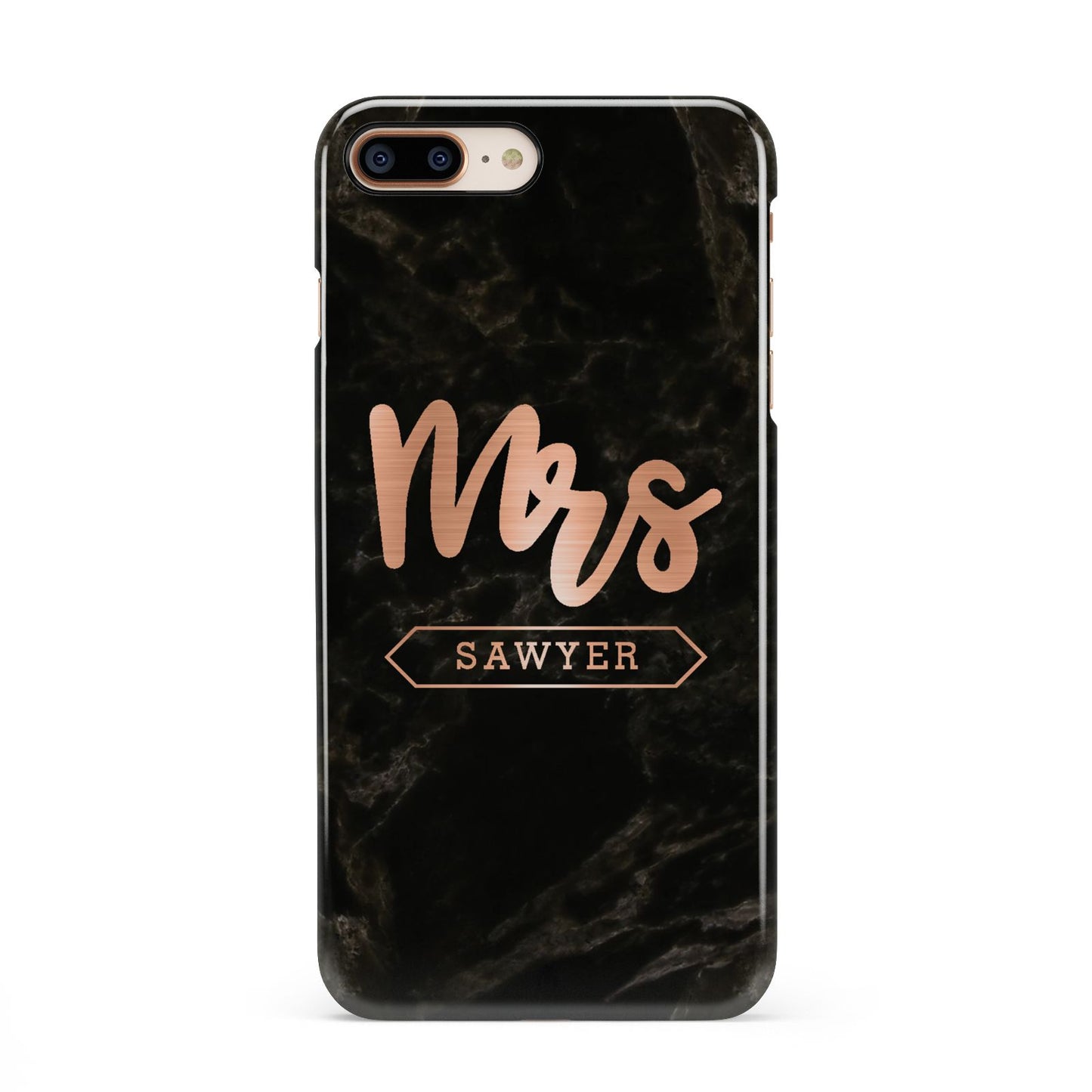 Personalised Rose Gold Mrs Surname Marble iPhone 8 Plus 3D Snap Case on Gold Phone