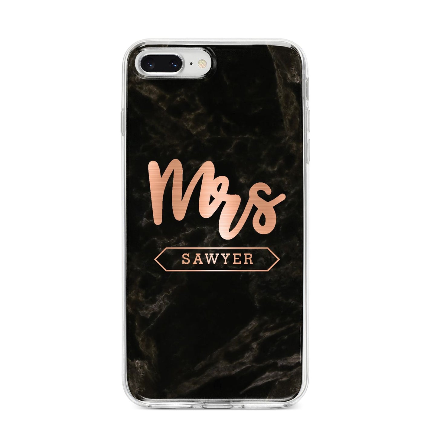 Personalised Rose Gold Mrs Surname Marble iPhone 8 Plus Bumper Case on Silver iPhone