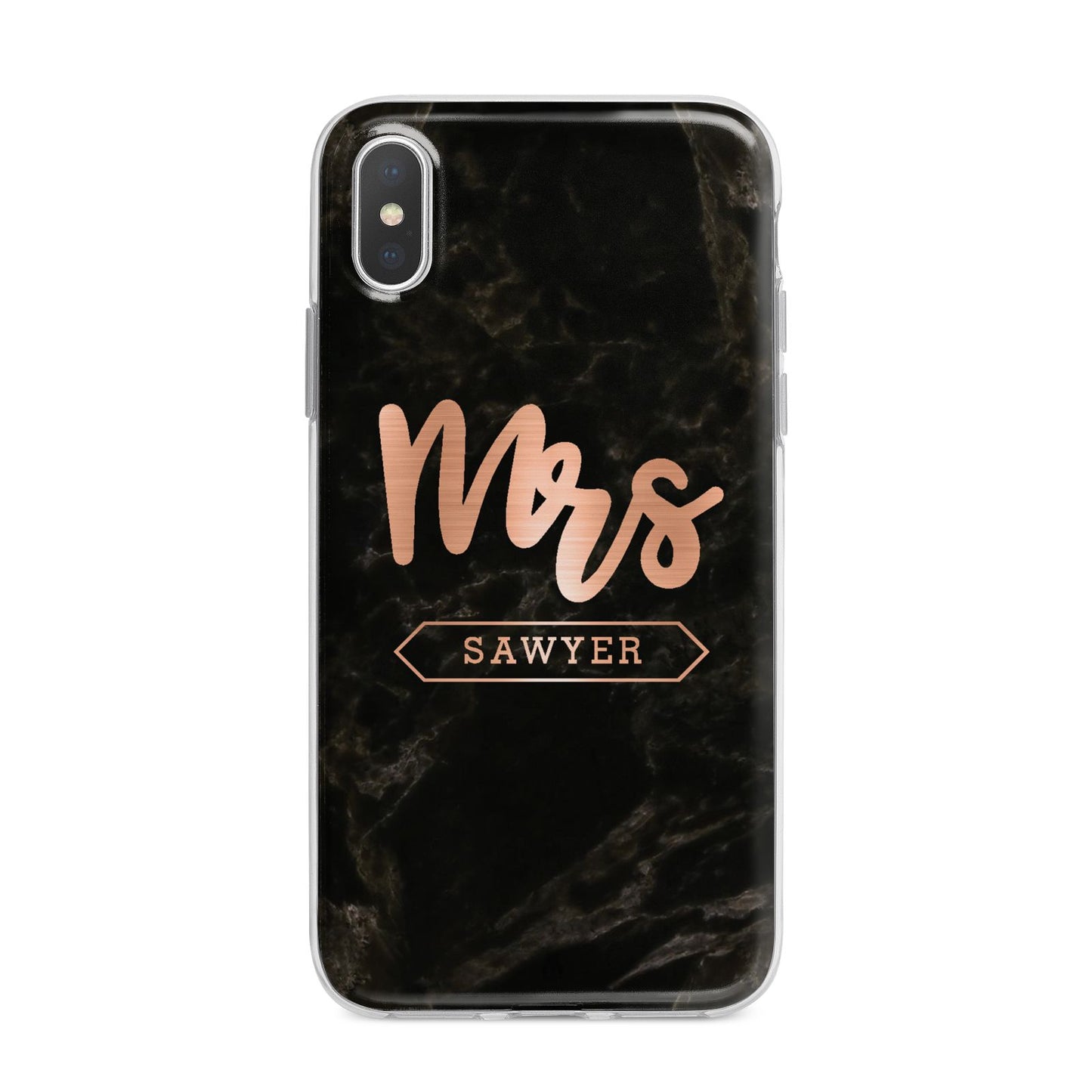 Personalised Rose Gold Mrs Surname Marble iPhone X Bumper Case on Silver iPhone Alternative Image 1