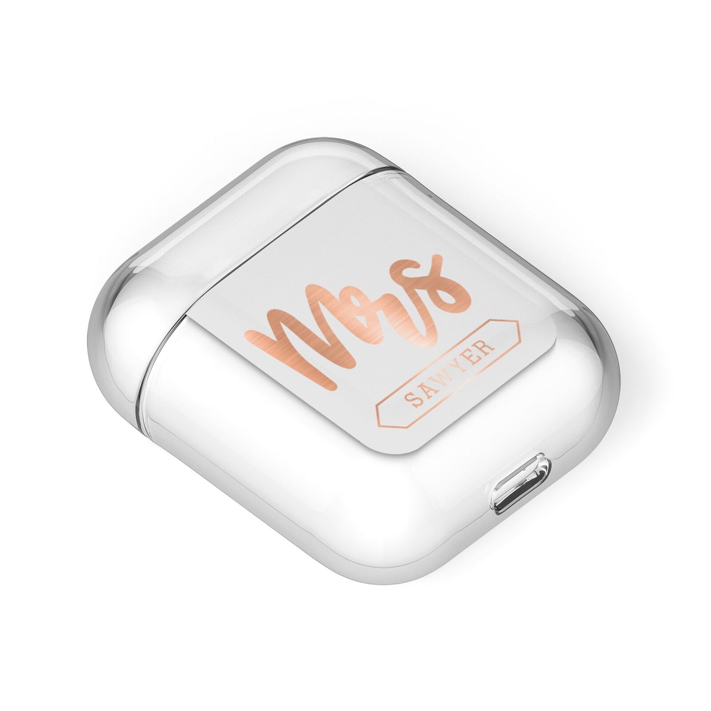 Personalised Rose Gold Mrs Surname On Grey AirPods Case Laid Flat