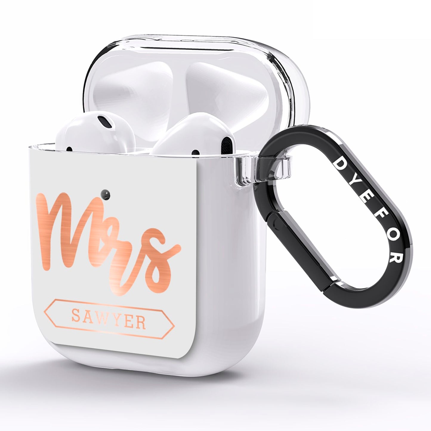 Personalised Rose Gold Mrs Surname On Grey AirPods Clear Case Side Image