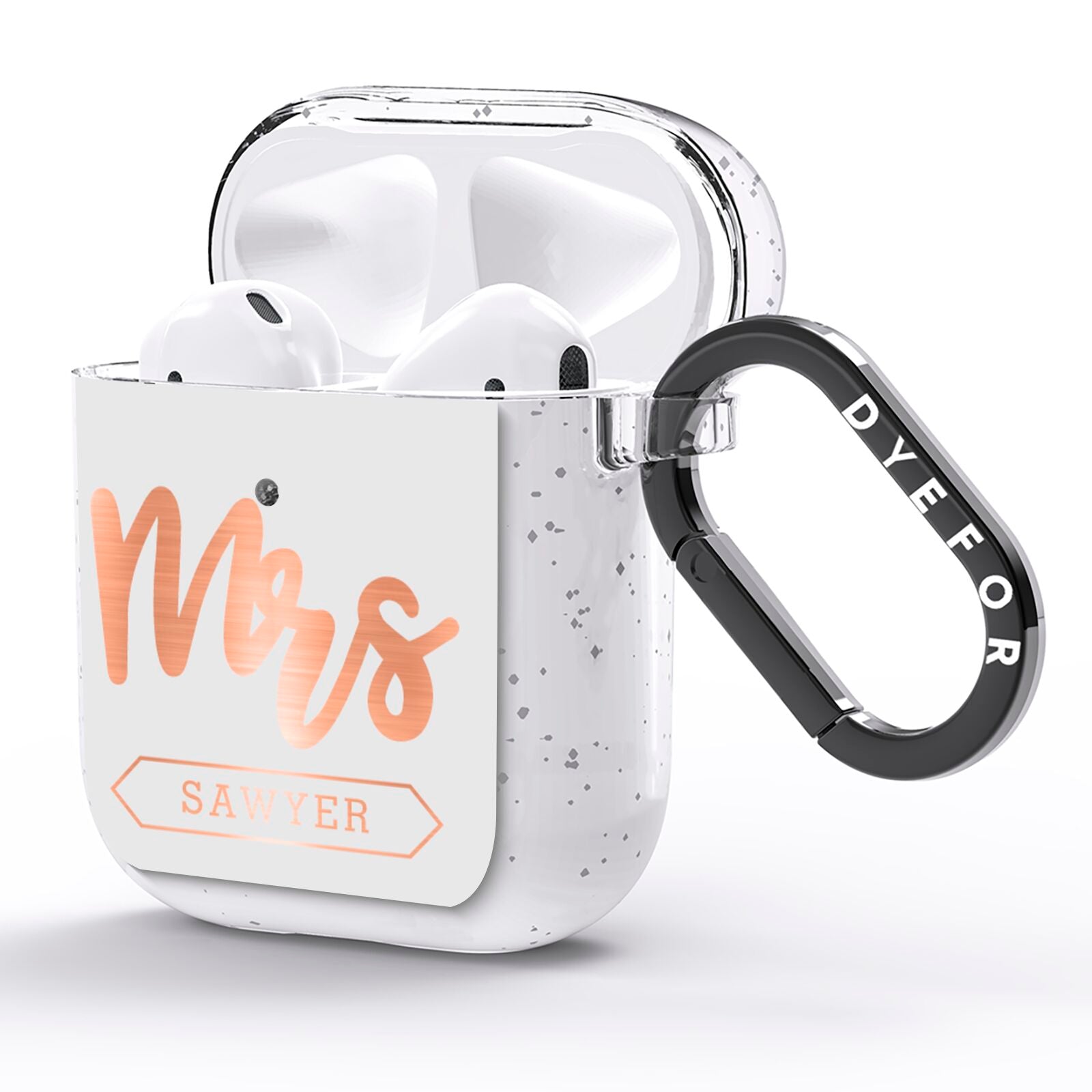 Personalised Rose Gold Mrs Surname On Grey AirPods Glitter Case Side Image