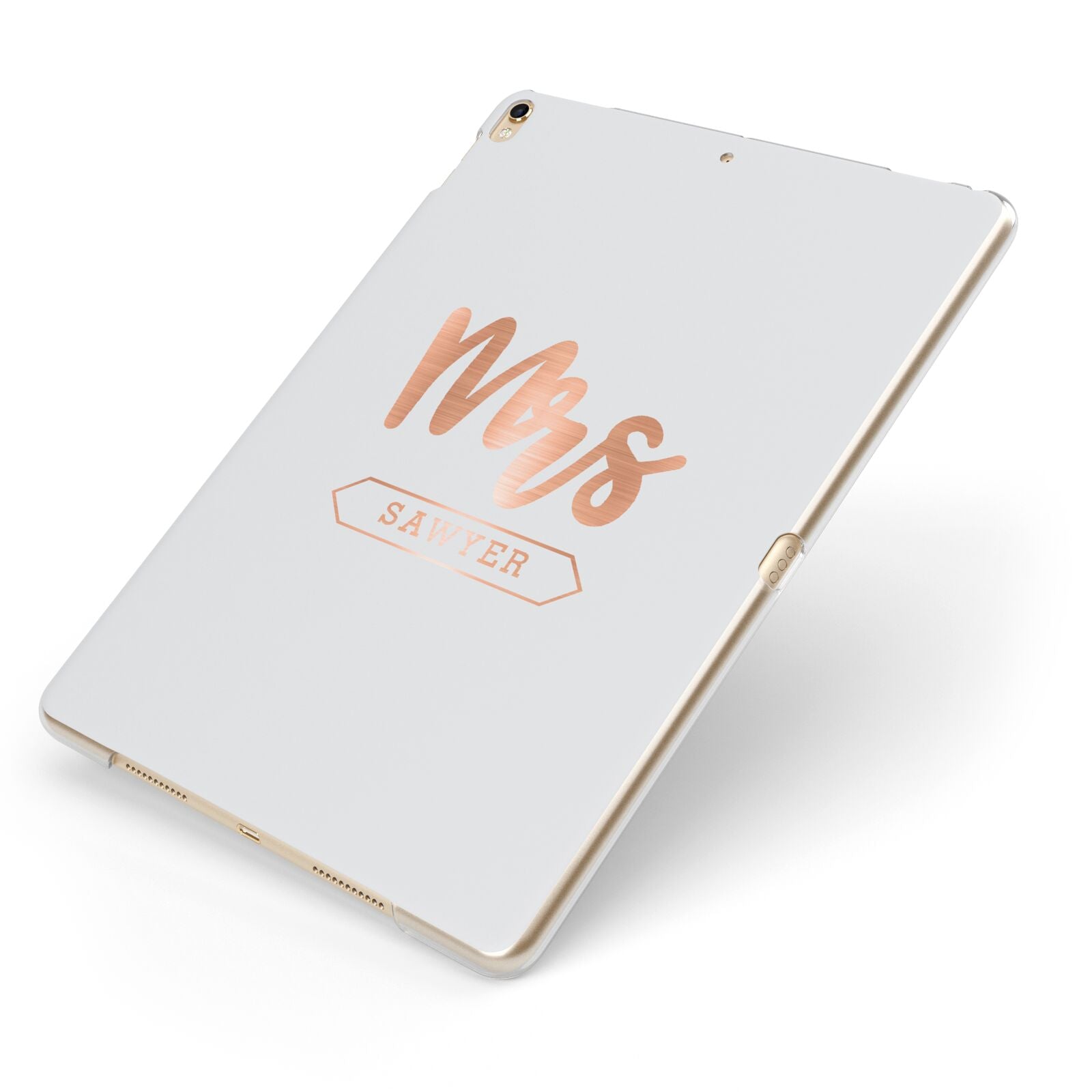 Personalised Rose Gold Mrs Surname On Grey Apple iPad Case on Gold iPad Side View