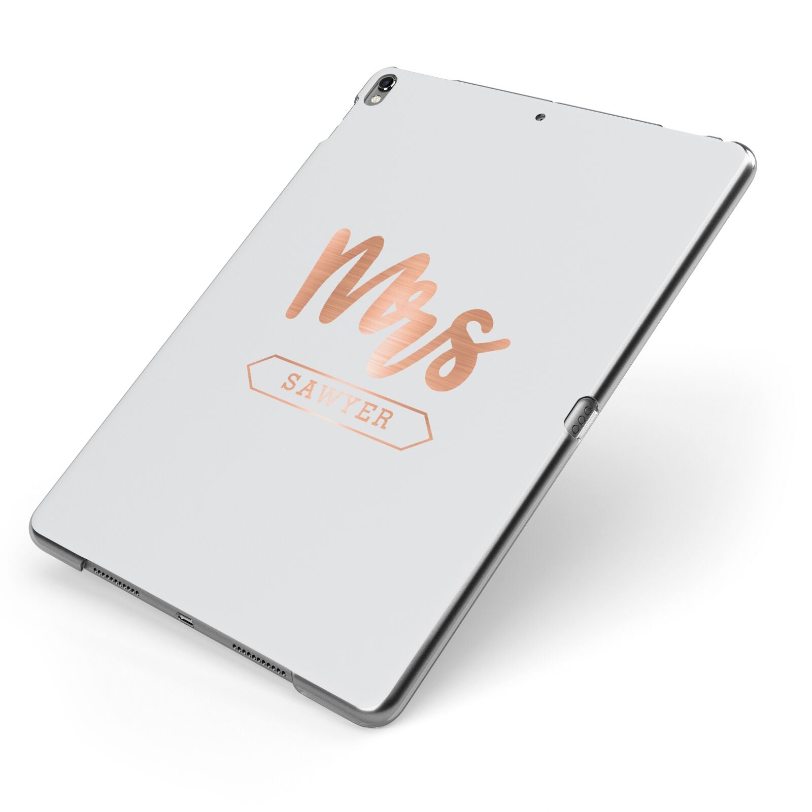 Personalised Rose Gold Mrs Surname On Grey Apple iPad Case on Grey iPad Side View