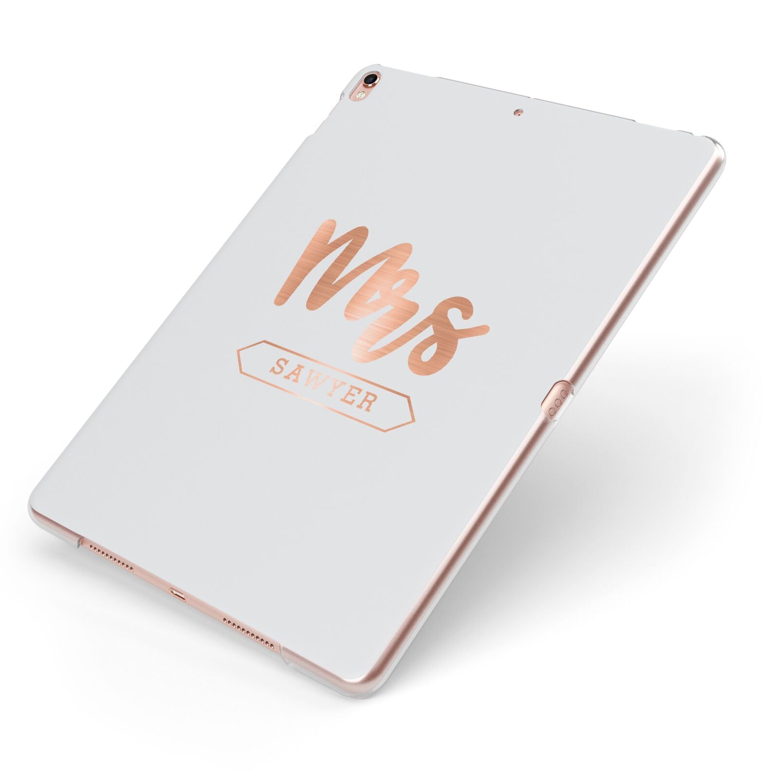 Personalised Rose Gold Mrs Surname On Grey Apple iPad Case on Rose Gold iPad Side View