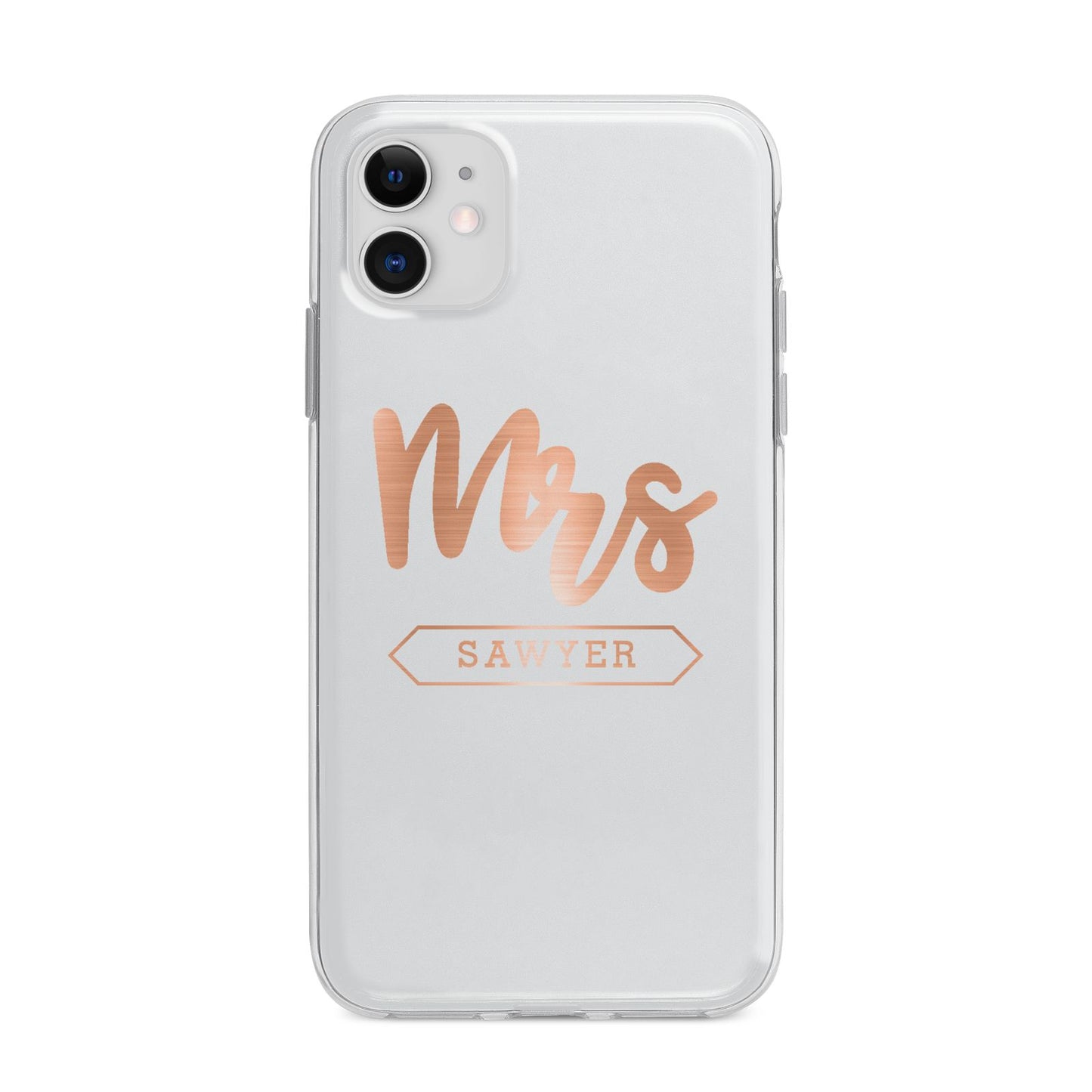 Personalised Rose Gold Mrs Surname On Grey Apple iPhone 11 in White with Bumper Case