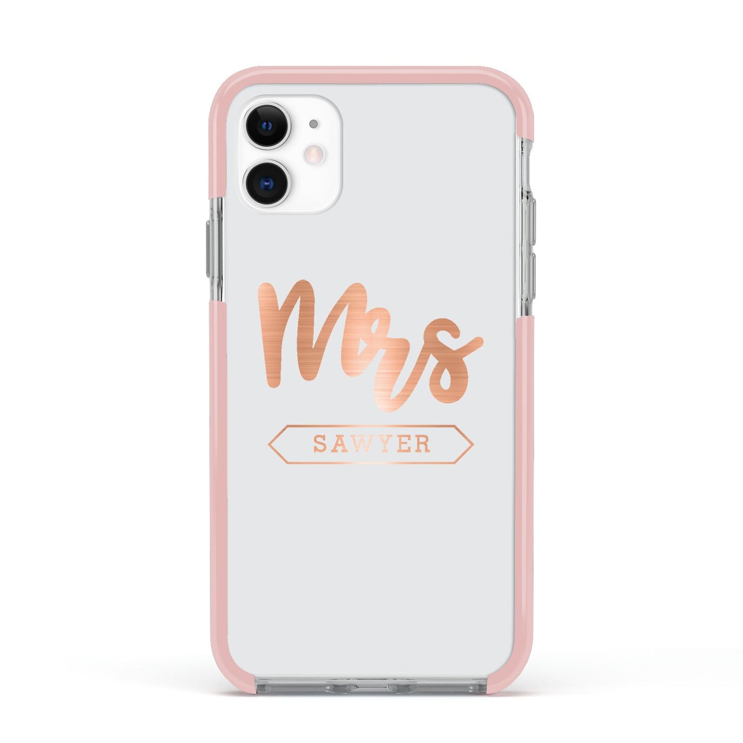 Personalised Rose Gold Mrs Surname On Grey Apple iPhone 11 in White with Pink Impact Case