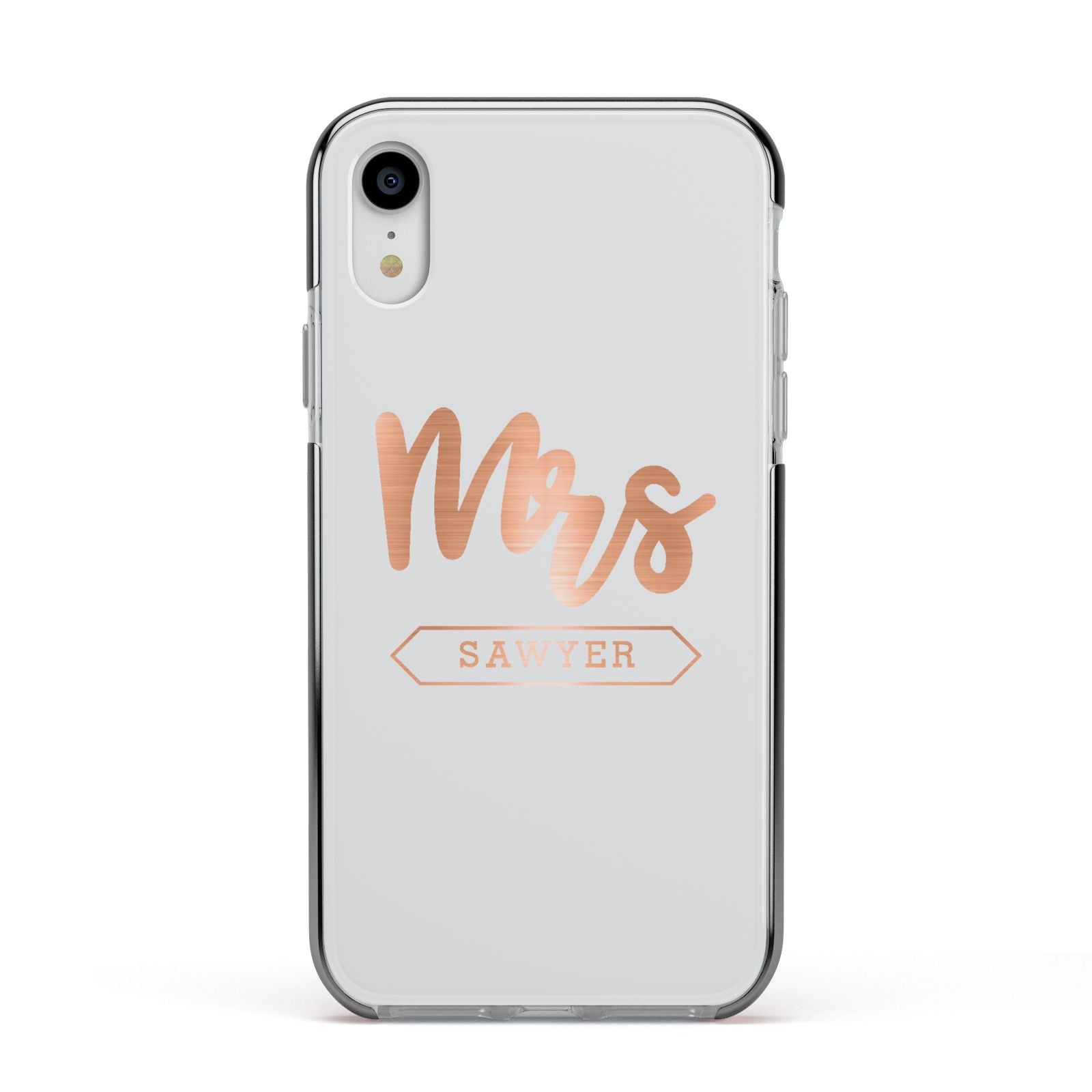 Personalised Rose Gold Mrs Surname On Grey Apple iPhone XR Impact Case Black Edge on Silver Phone