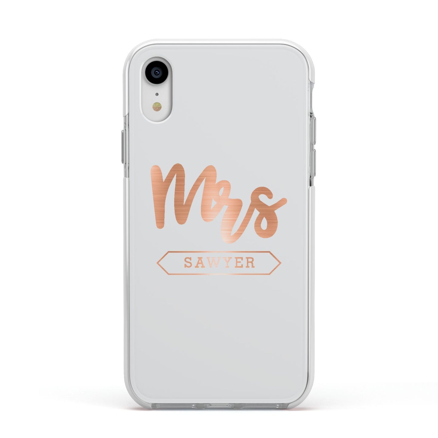 Personalised Rose Gold Mrs Surname On Grey Apple iPhone XR Impact Case White Edge on Silver Phone