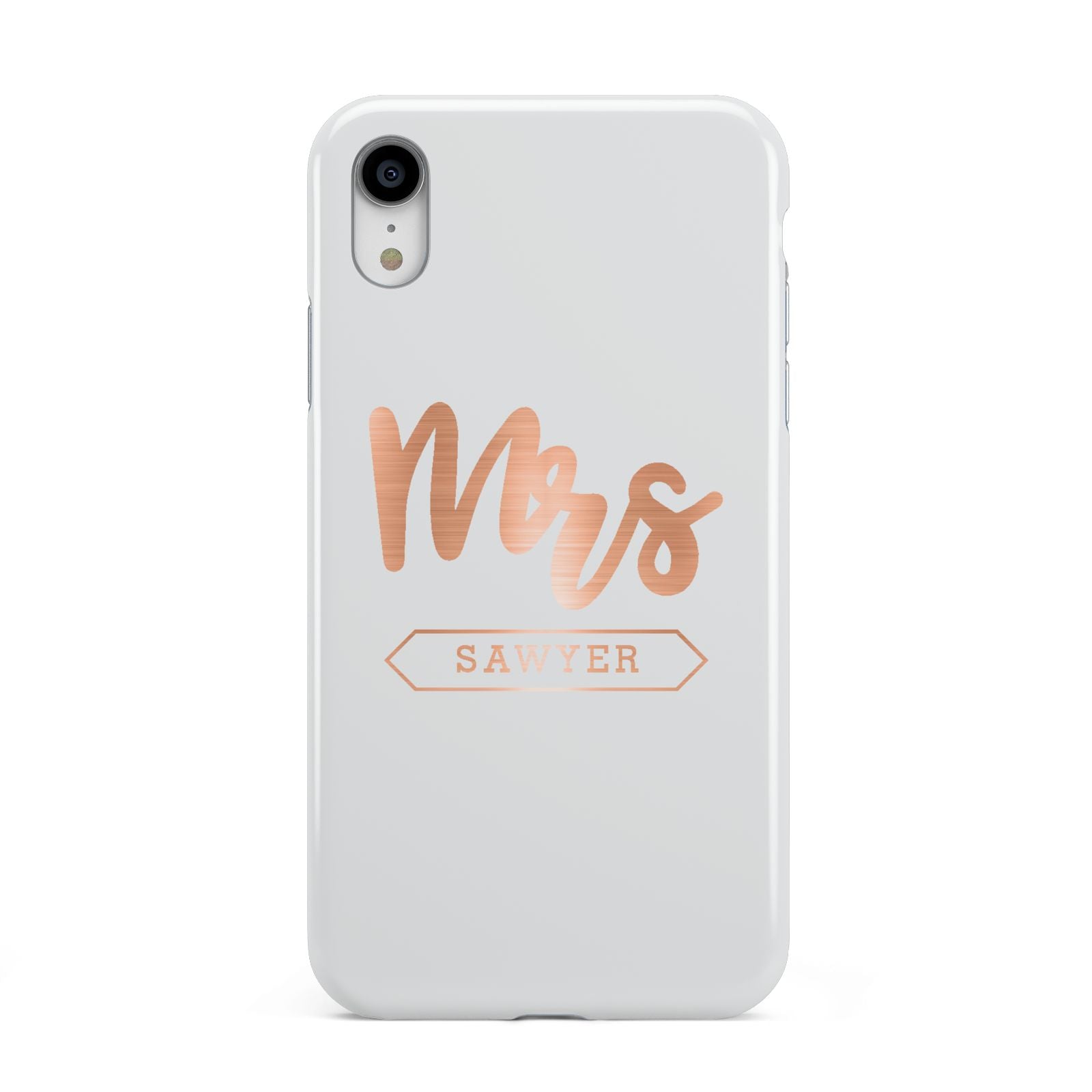 Personalised Rose Gold Mrs Surname On Grey Apple iPhone XR White 3D Tough Case