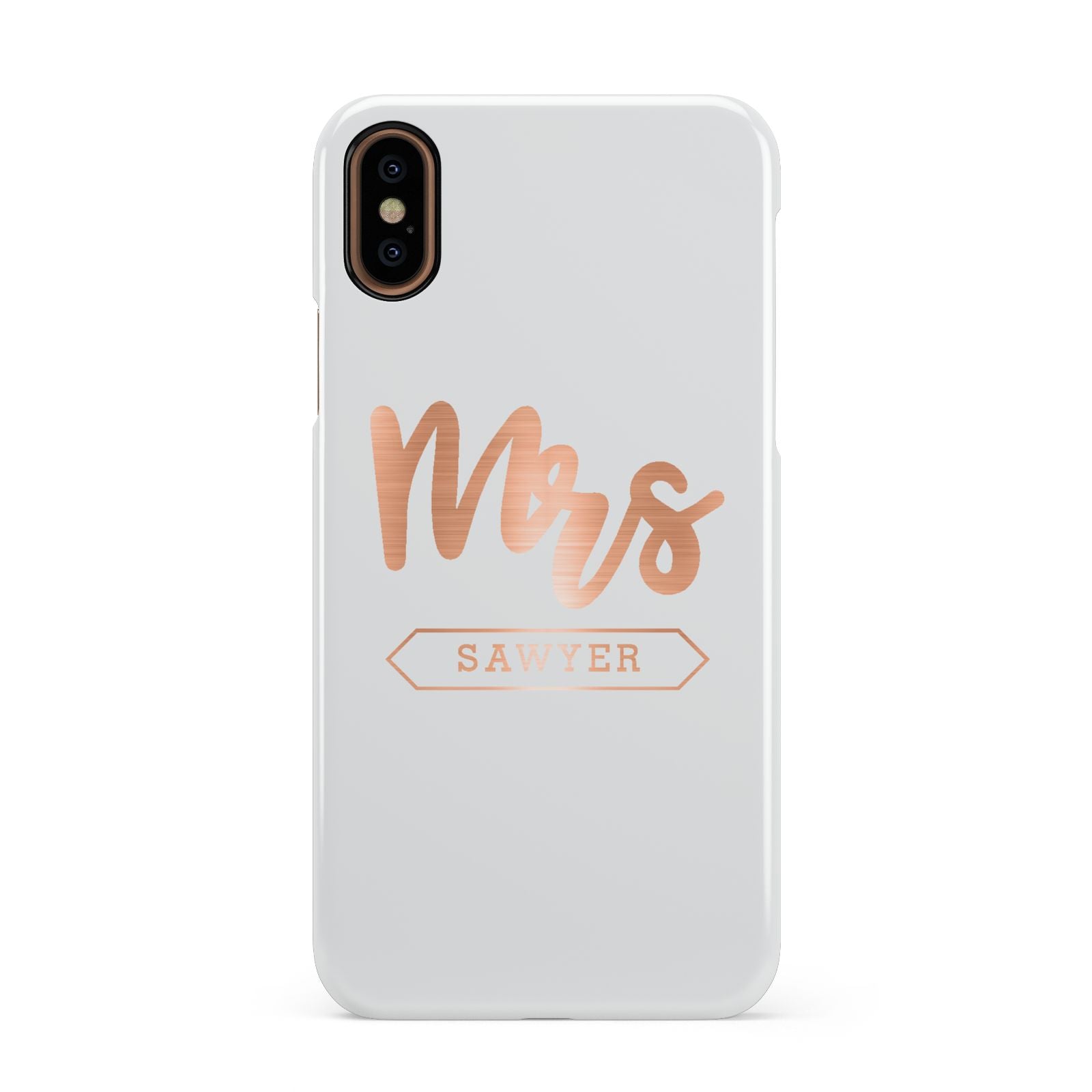 Personalised Rose Gold Mrs Surname On Grey Apple iPhone XS 3D Snap Case