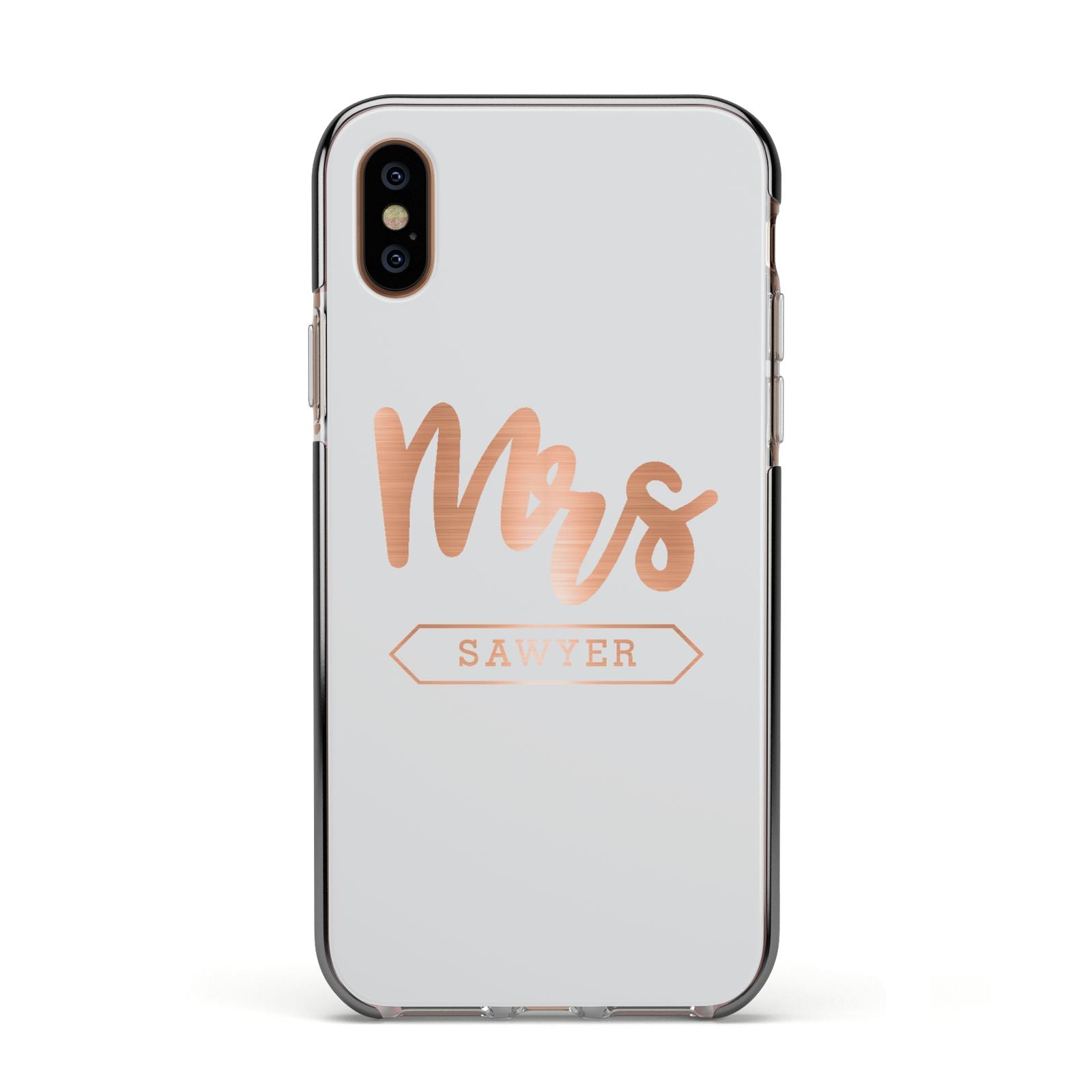 Personalised Rose Gold Mrs Surname On Grey Apple iPhone Xs Impact Case Black Edge on Gold Phone