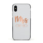 Personalised Rose Gold Mrs Surname On Grey Apple iPhone Xs Impact Case Black Edge on Silver Phone