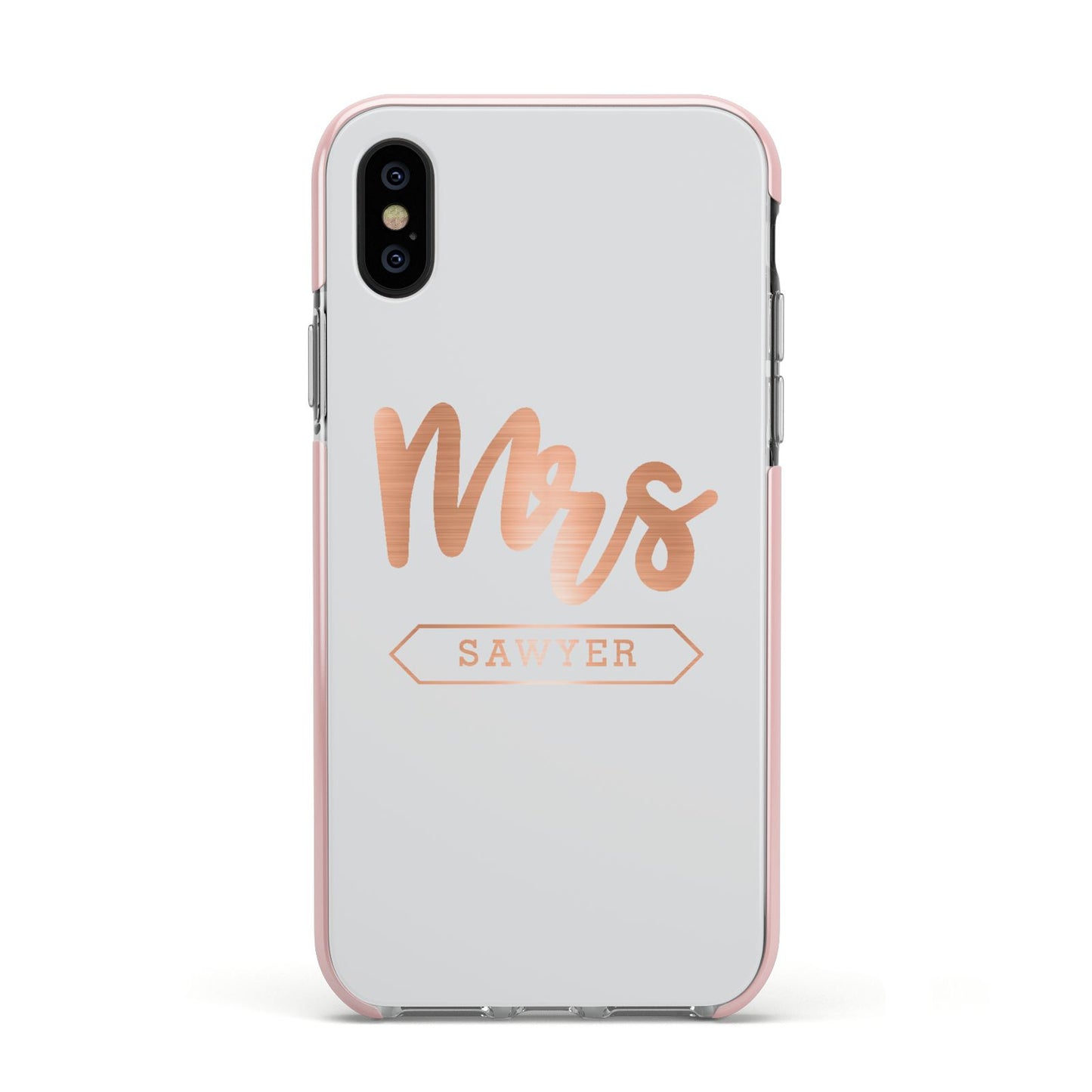 Personalised Rose Gold Mrs Surname On Grey Apple iPhone Xs Impact Case Pink Edge on Black Phone