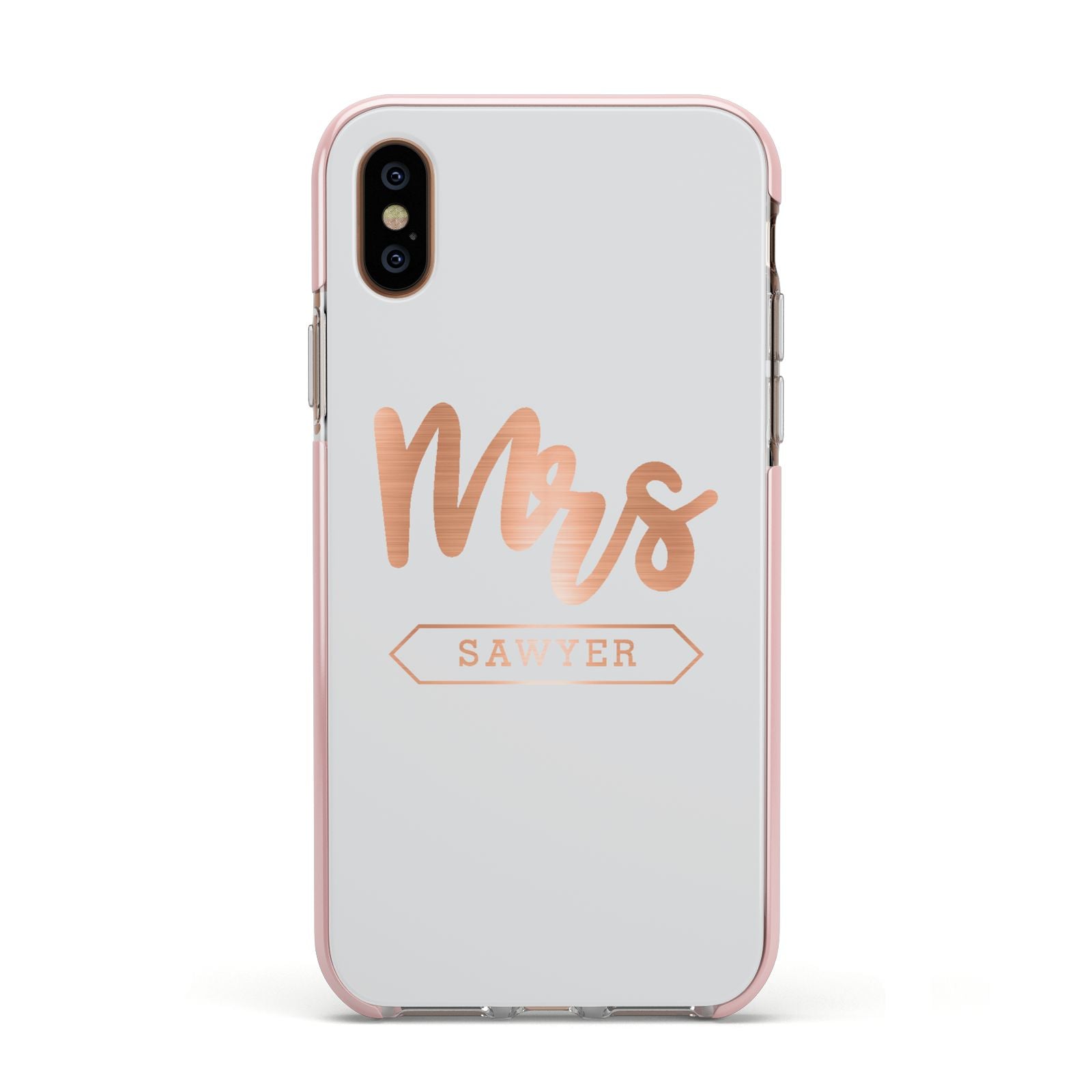 Personalised Rose Gold Mrs Surname On Grey Apple iPhone Xs Impact Case Pink Edge on Gold Phone