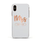 Personalised Rose Gold Mrs Surname On Grey Apple iPhone Xs Impact Case White Edge on Gold Phone