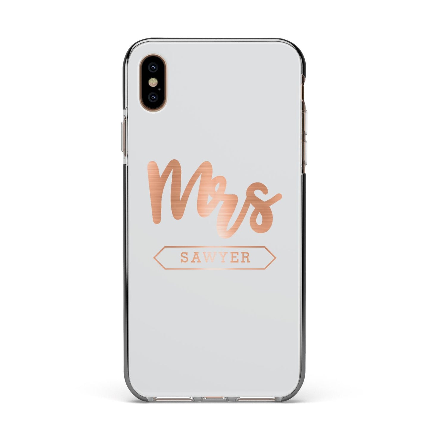 Personalised Rose Gold Mrs Surname On Grey Apple iPhone Xs Max Impact Case Black Edge on Gold Phone