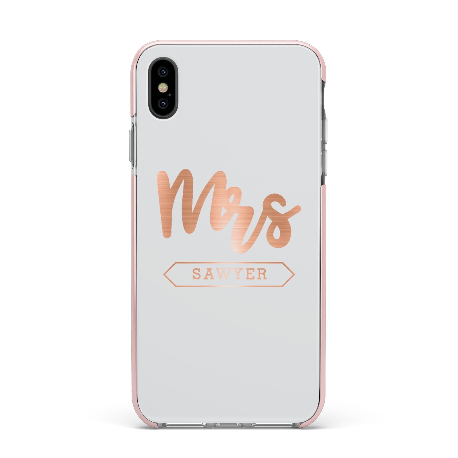 Personalised Rose Gold Mrs Surname On Grey Apple iPhone Xs Max Impact Case Pink Edge on Black Phone