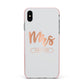 Personalised Rose Gold Mrs Surname On Grey Apple iPhone Xs Max Impact Case Pink Edge on Silver Phone