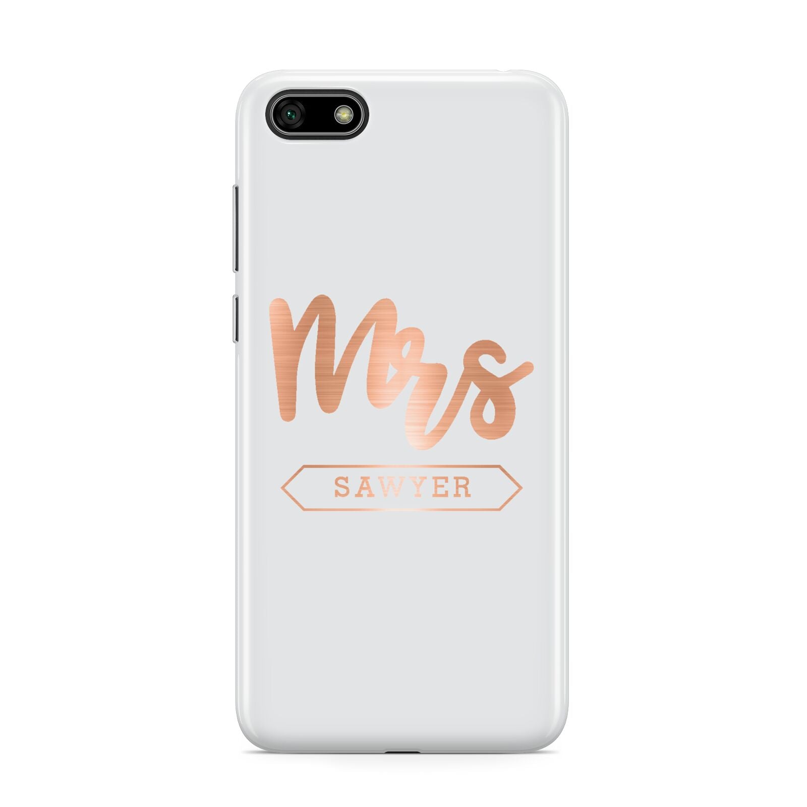 Personalised Rose Gold Mrs Surname On Grey Huawei Y5 Prime 2018 Phone Case