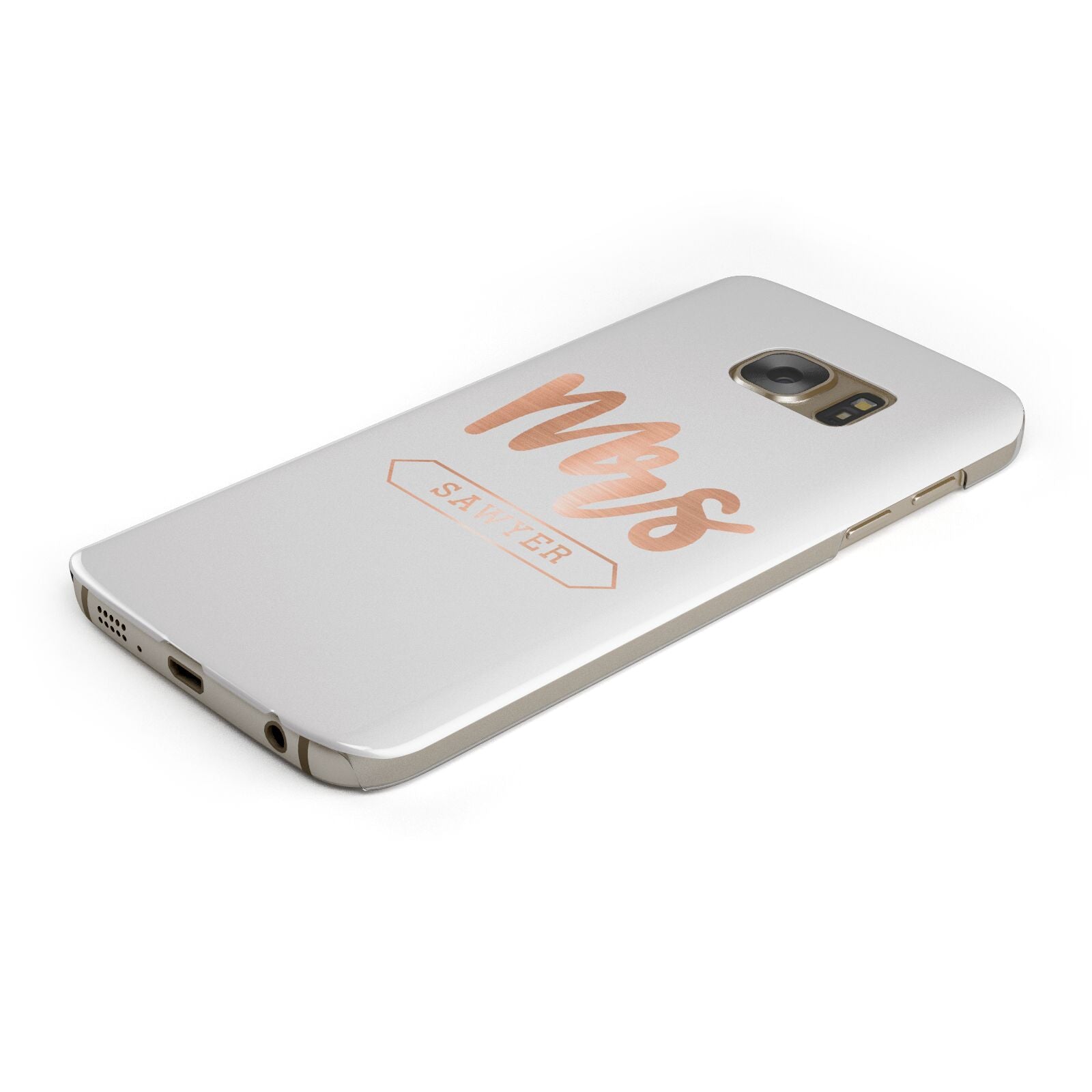 Personalised Rose Gold Mrs Surname On Grey Protective Samsung Galaxy Case Angled Image
