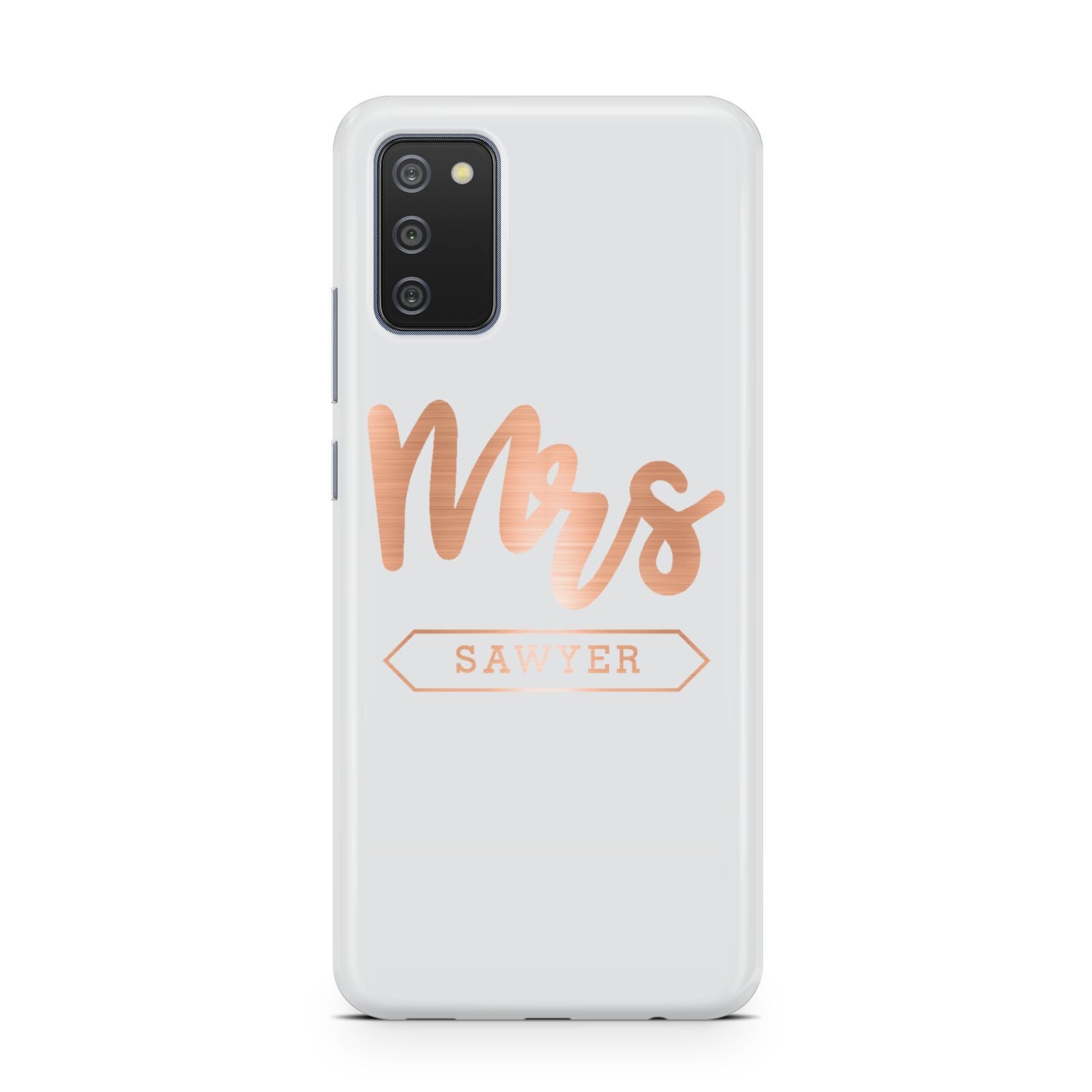 Personalised Rose Gold Mrs Surname On Grey Samsung A02s Case