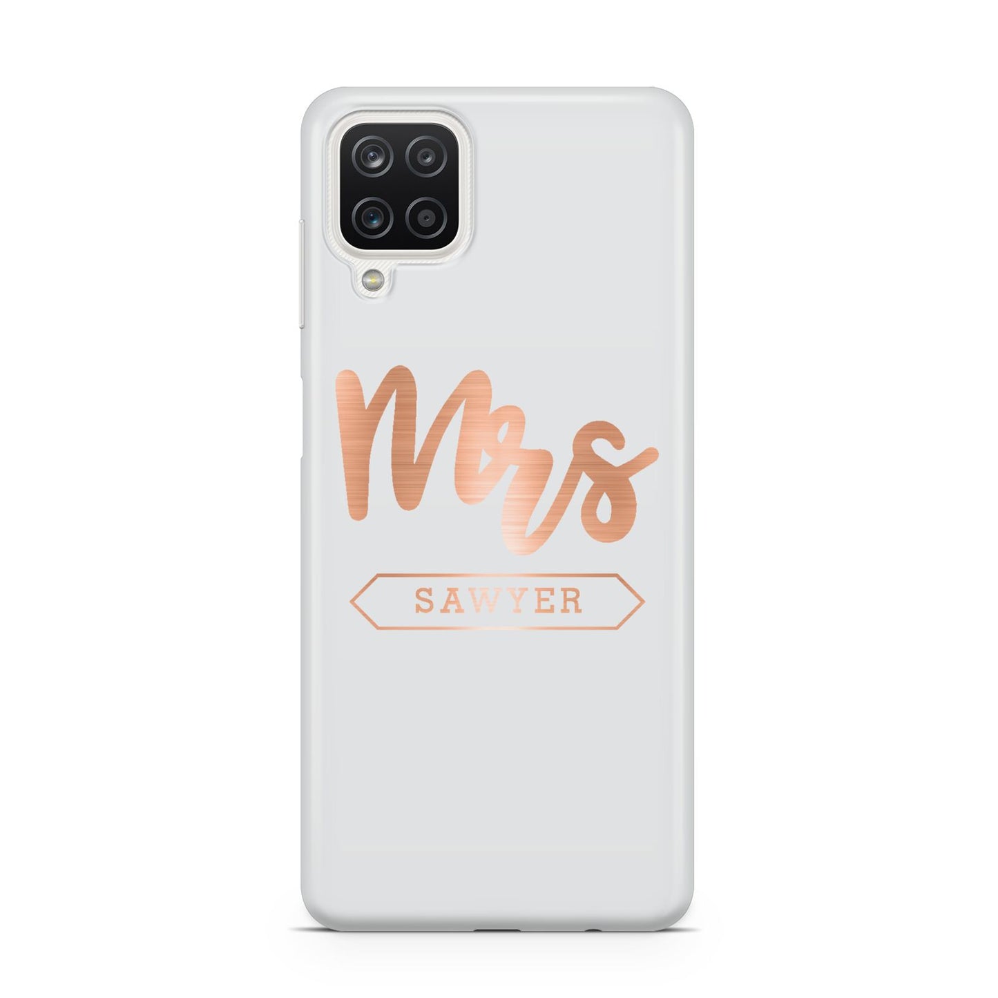 Personalised Rose Gold Mrs Surname On Grey Samsung A12 Case