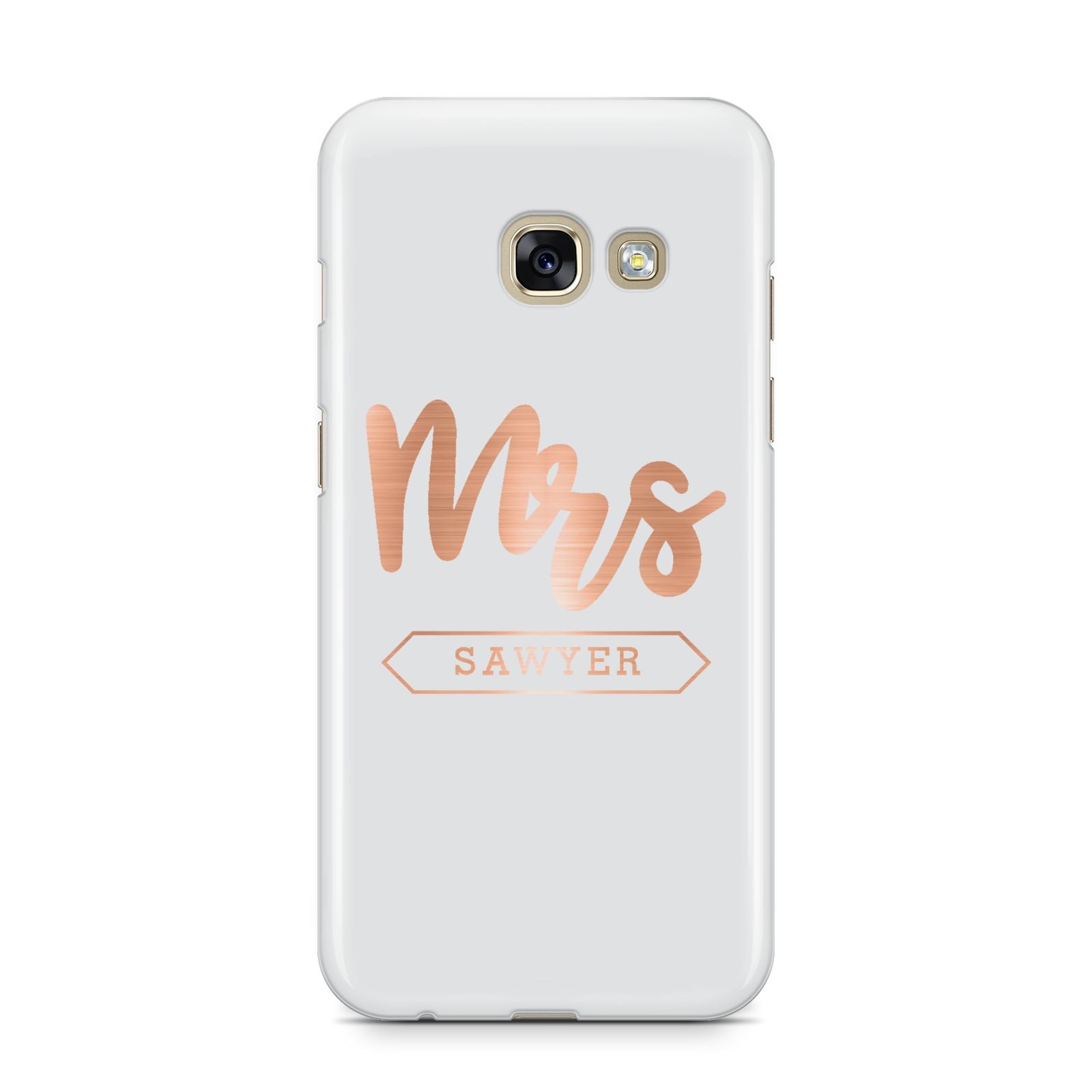 Personalised Rose Gold Mrs Surname On Grey Samsung Galaxy A3 2017 Case on gold phone