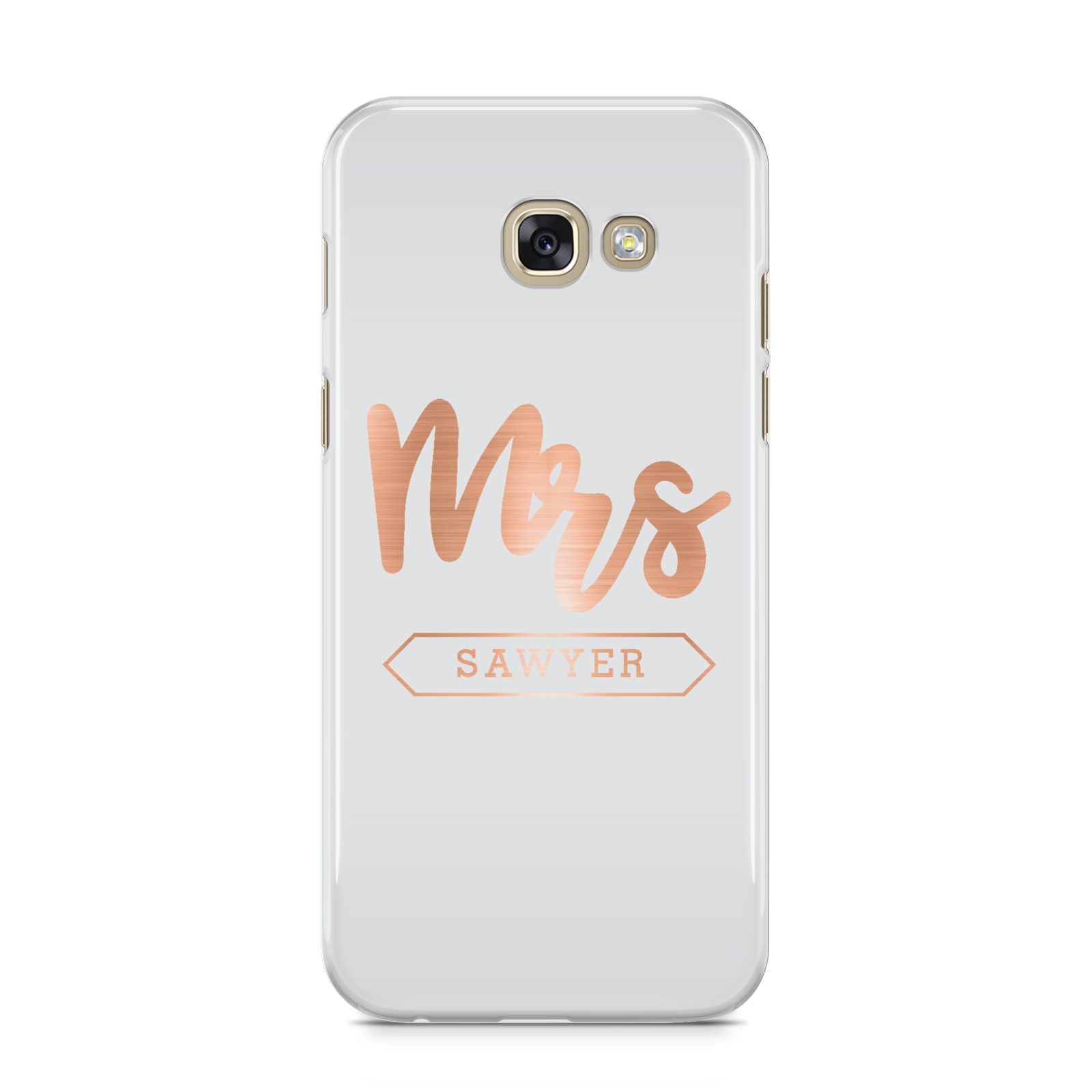 Personalised Rose Gold Mrs Surname On Grey Samsung Galaxy A5 2017 Case on gold phone