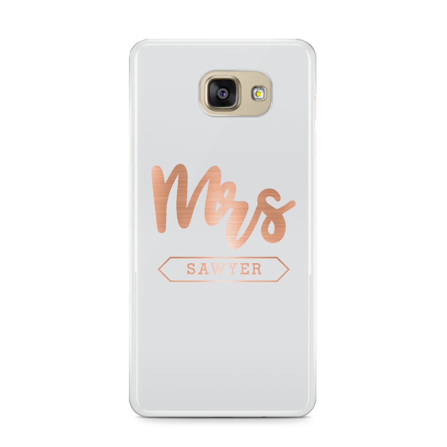 Personalised Rose Gold Mrs Surname On Grey Samsung Galaxy A9 2016 Case on gold phone