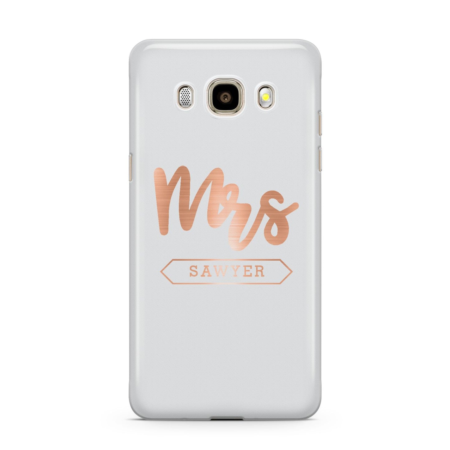 Personalised Rose Gold Mrs Surname On Grey Samsung Galaxy J7 2016 Case on gold phone