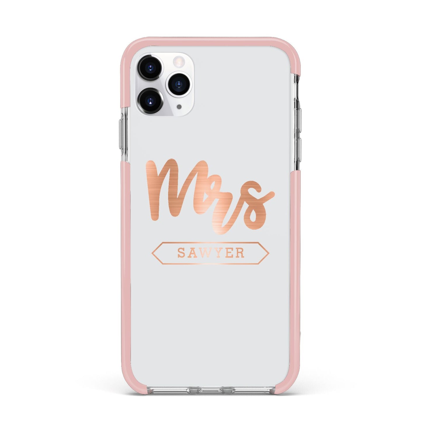 Personalised Rose Gold Mrs Surname On Grey iPhone 11 Pro Max Impact Pink Edge Case