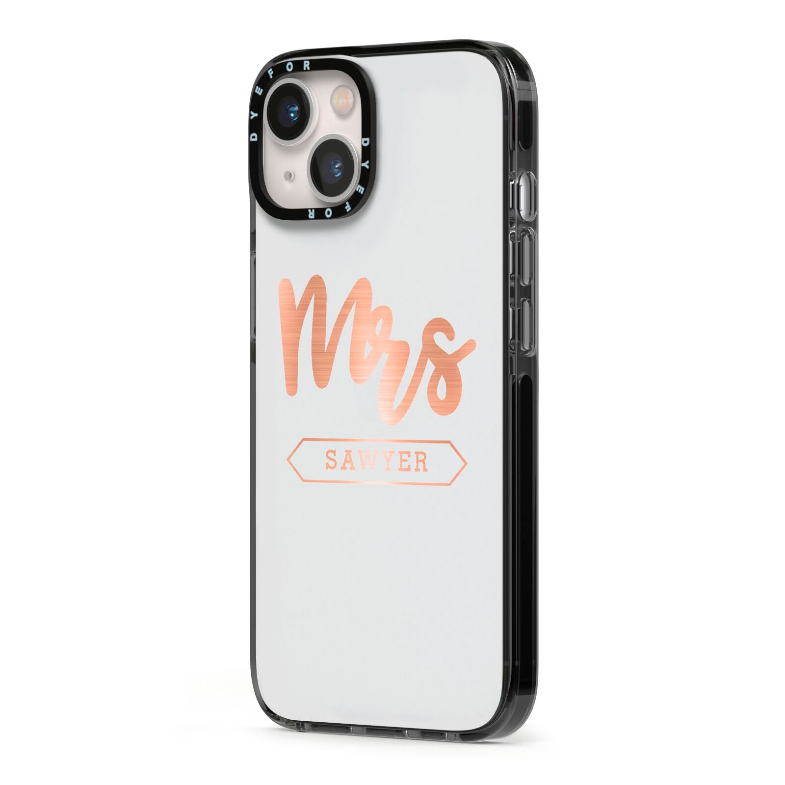 Personalised Rose Gold Mrs Surname On Grey iPhone 13 Black Impact Case Side Angle on Silver phone