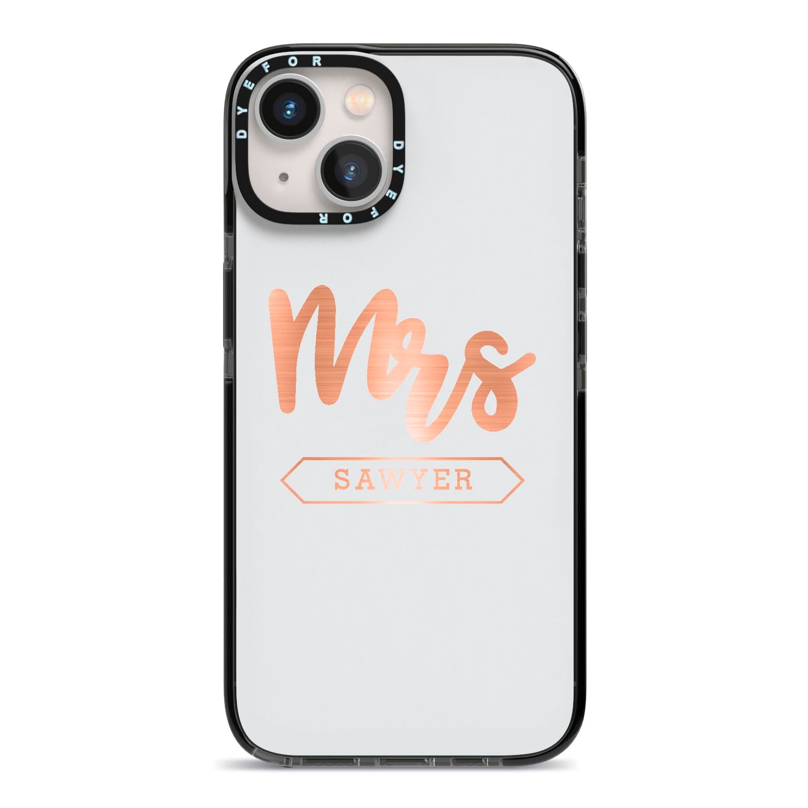 Personalised Rose Gold Mrs Surname On Grey iPhone 13 Black Impact Case on Silver phone