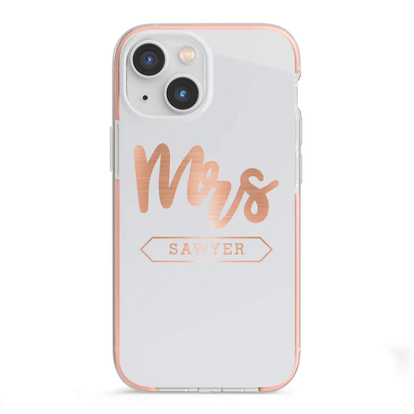 Personalised Rose Gold Mrs Surname On Grey iPhone 13 Mini TPU Impact Case with Pink Edges