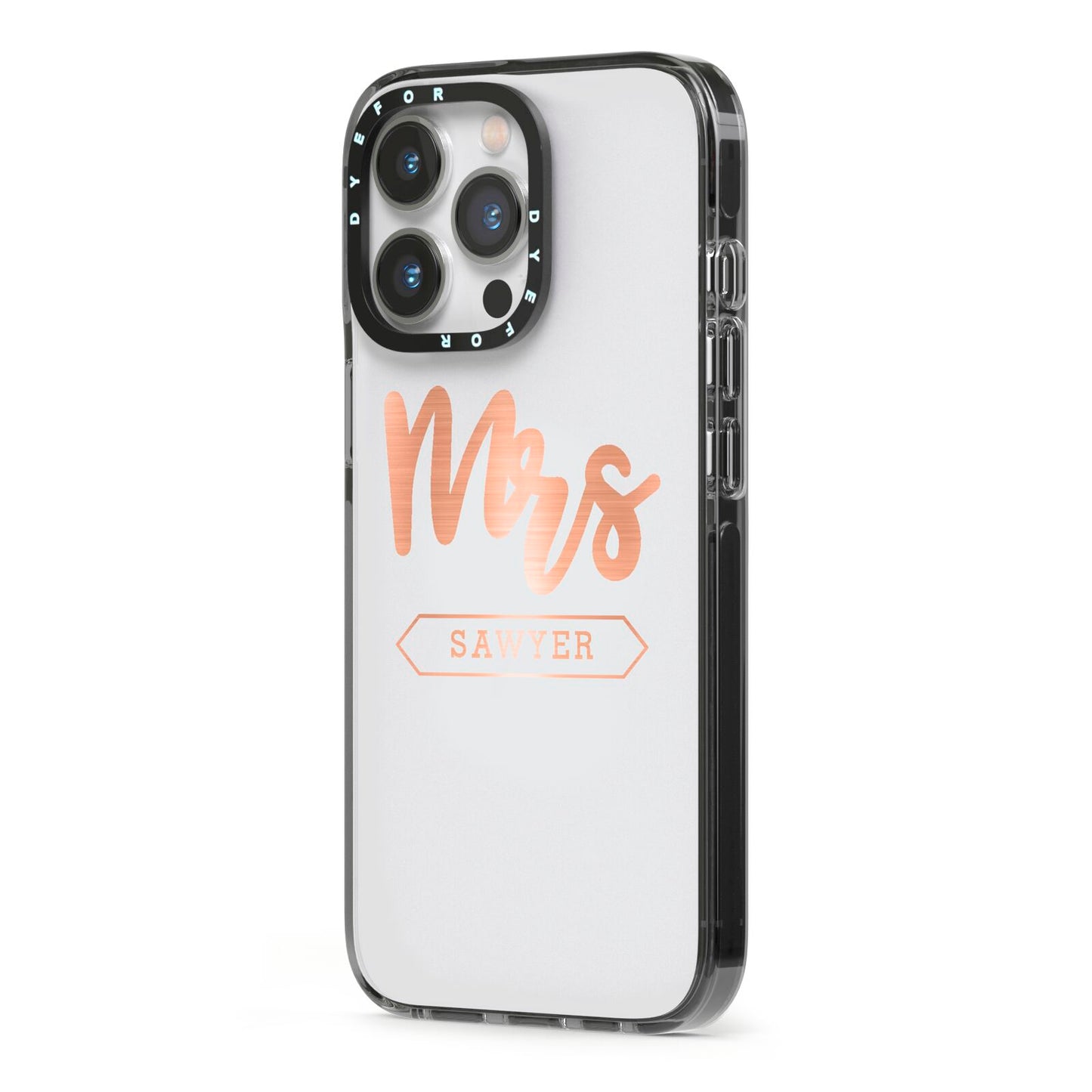 Personalised Rose Gold Mrs Surname On Grey iPhone 13 Pro Black Impact Case Side Angle on Silver phone