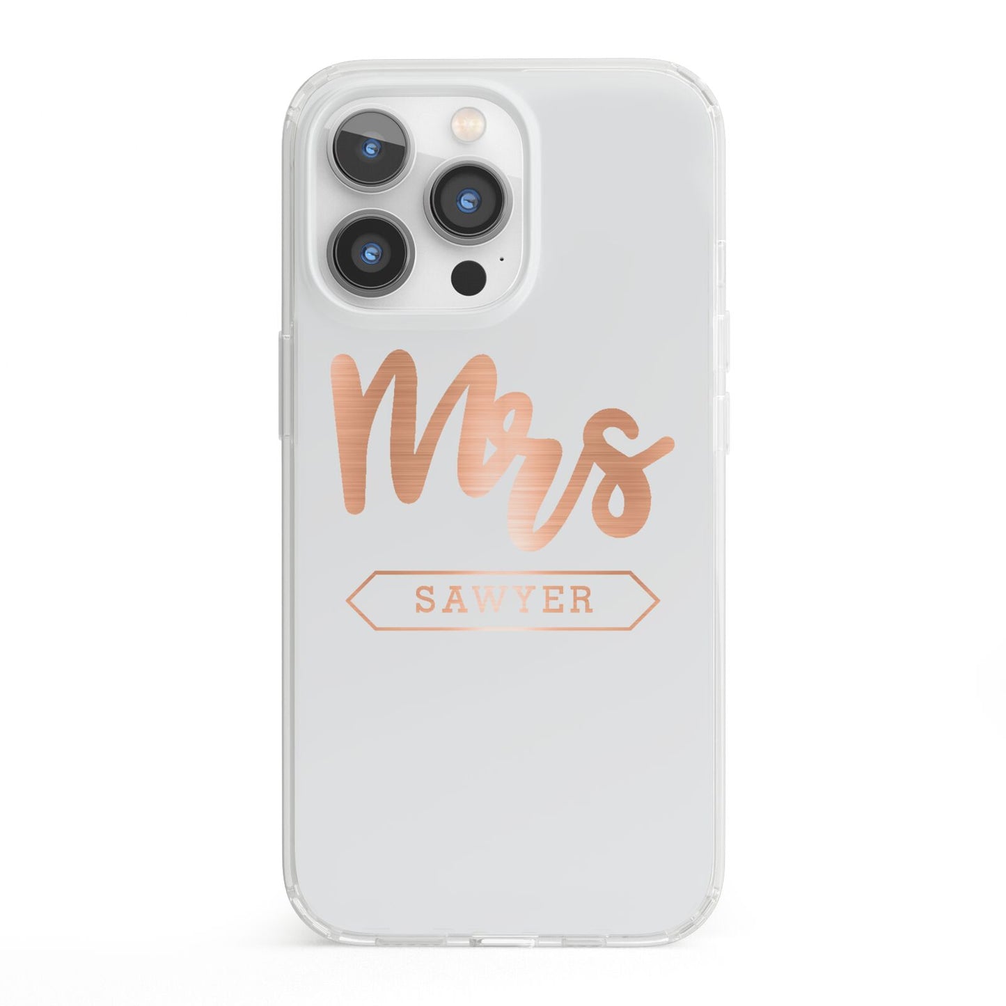 Personalised Rose Gold Mrs Surname On Grey iPhone 13 Pro Clear Bumper Case