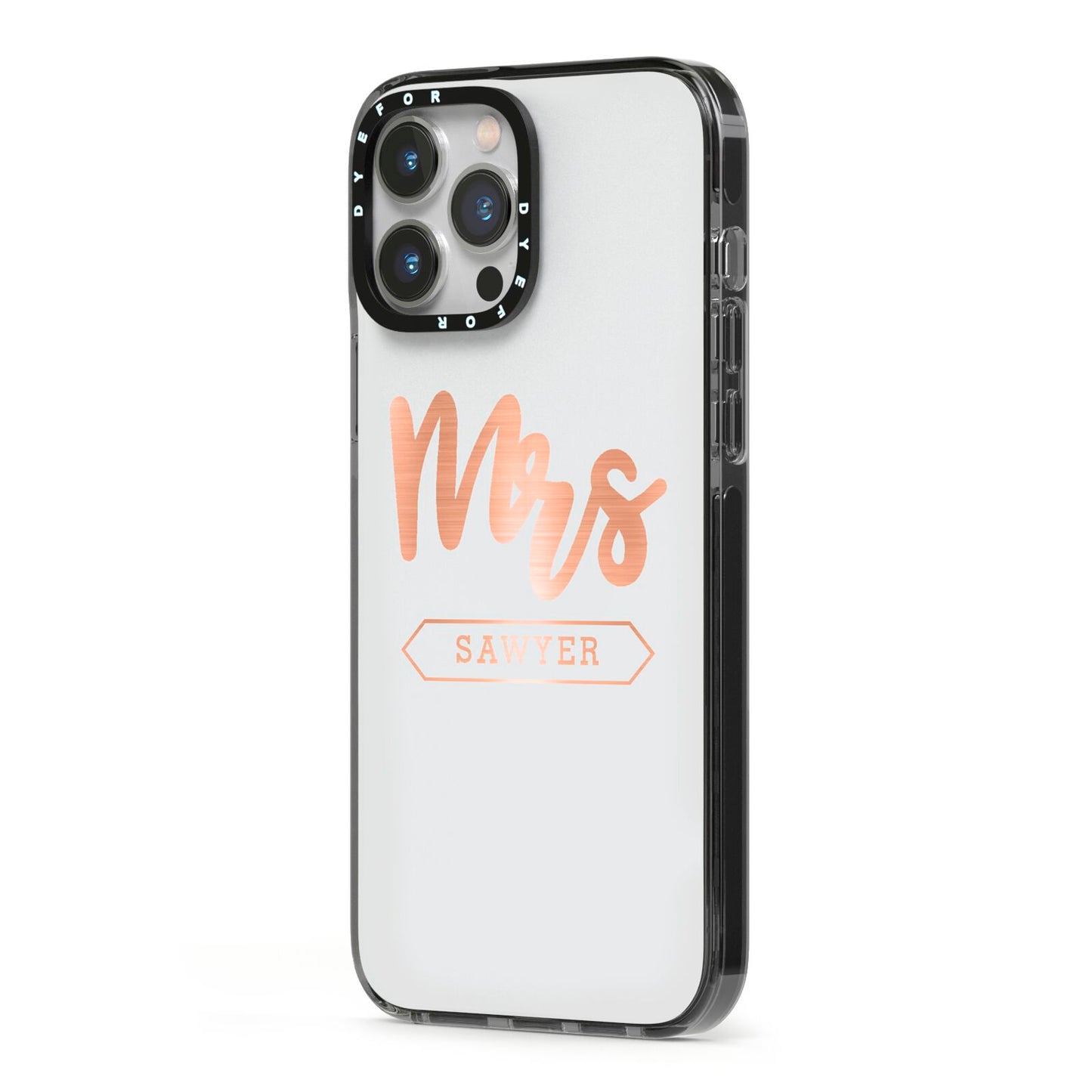 Personalised Rose Gold Mrs Surname On Grey iPhone 13 Pro Max Black Impact Case Side Angle on Silver phone