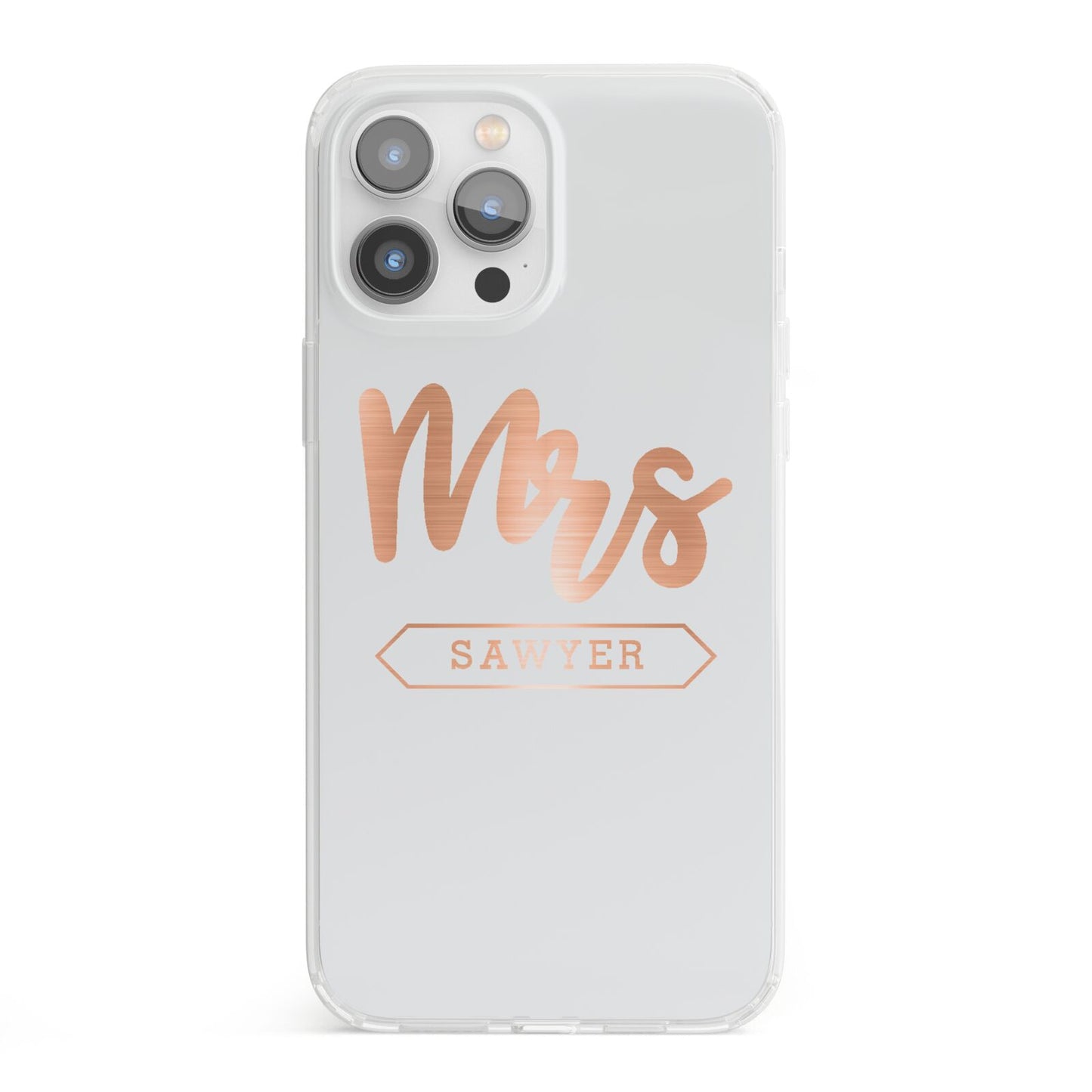 Personalised Rose Gold Mrs Surname On Grey iPhone 13 Pro Max Clear Bumper Case