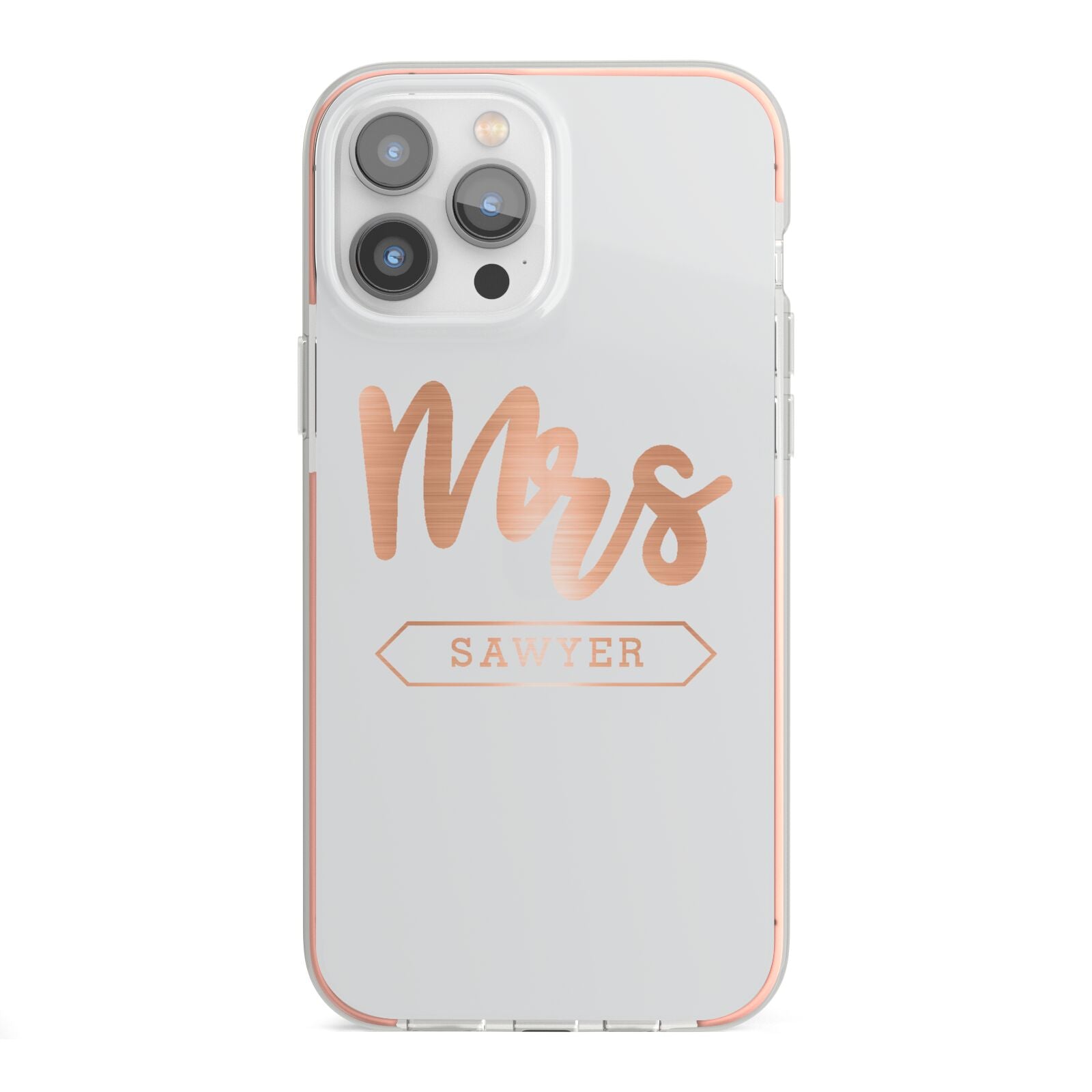Personalised Rose Gold Mrs Surname On Grey iPhone 13 Pro Max TPU Impact Case with Pink Edges