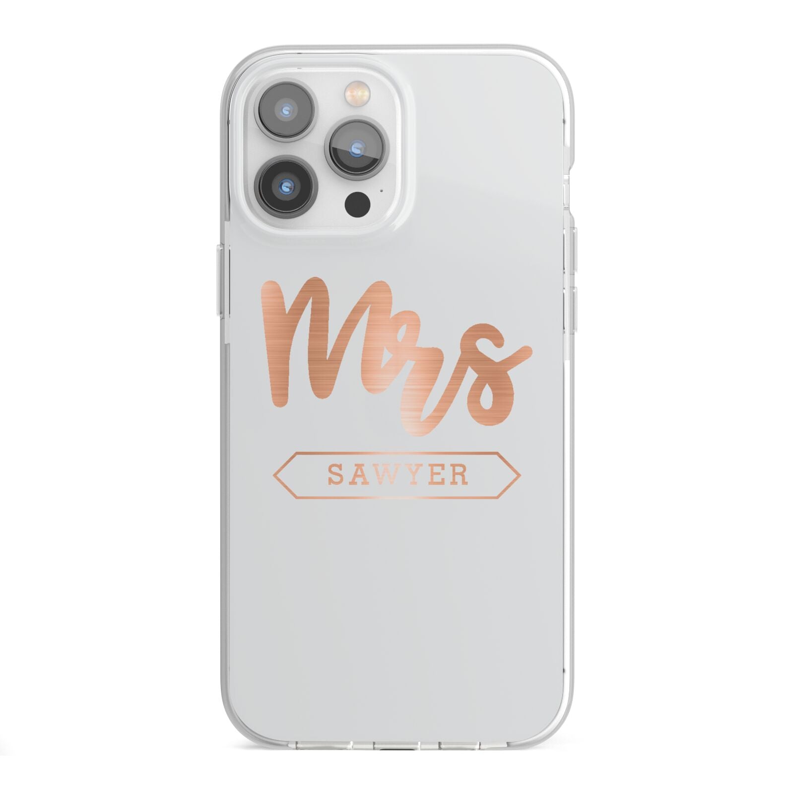 Personalised Rose Gold Mrs Surname On Grey iPhone 13 Pro Max TPU Impact Case with White Edges