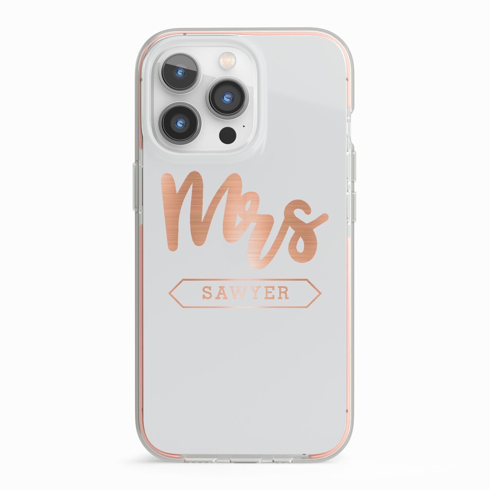 Personalised Rose Gold Mrs Surname On Grey iPhone 13 Pro TPU Impact Case with Pink Edges