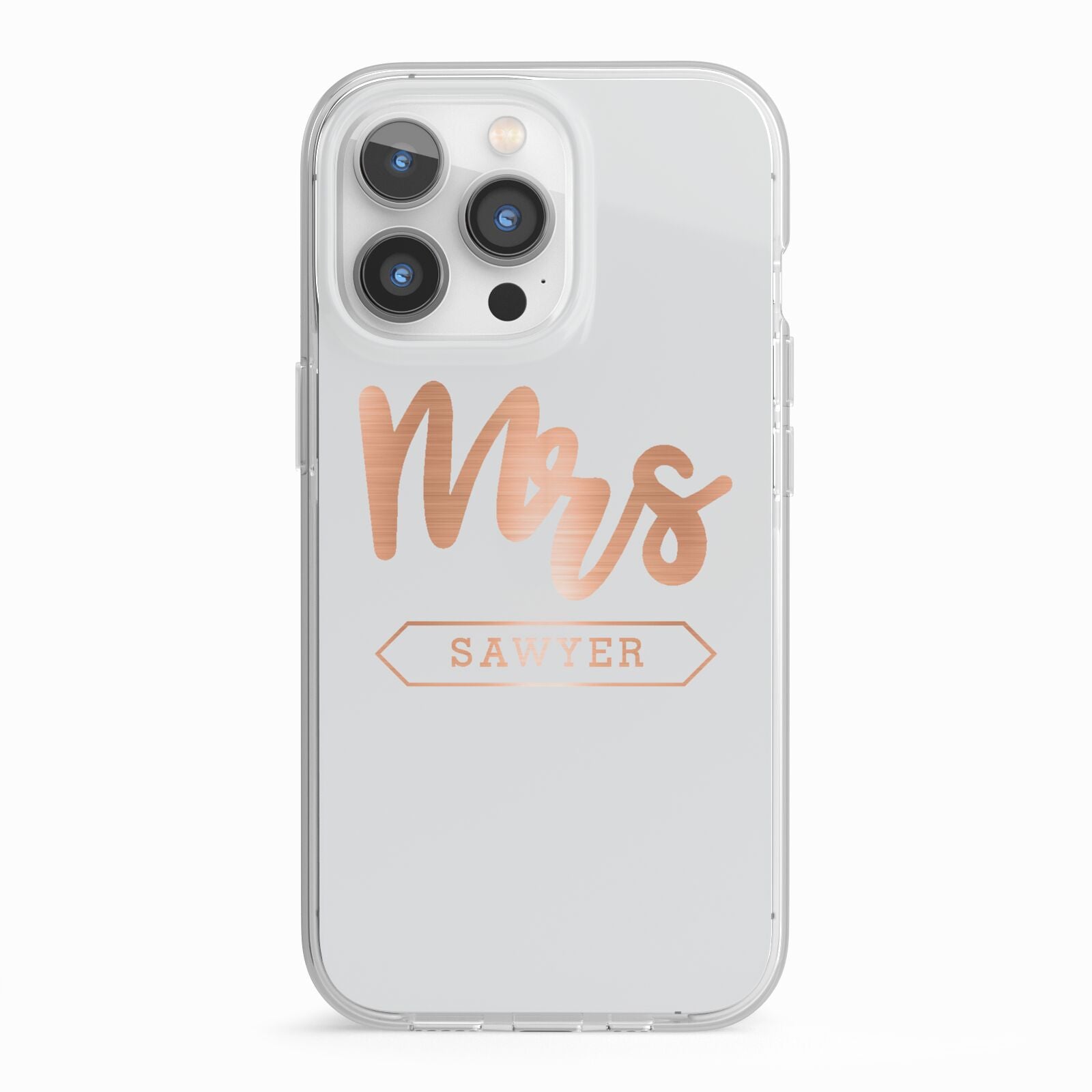 Personalised Rose Gold Mrs Surname On Grey iPhone 13 Pro TPU Impact Case with White Edges