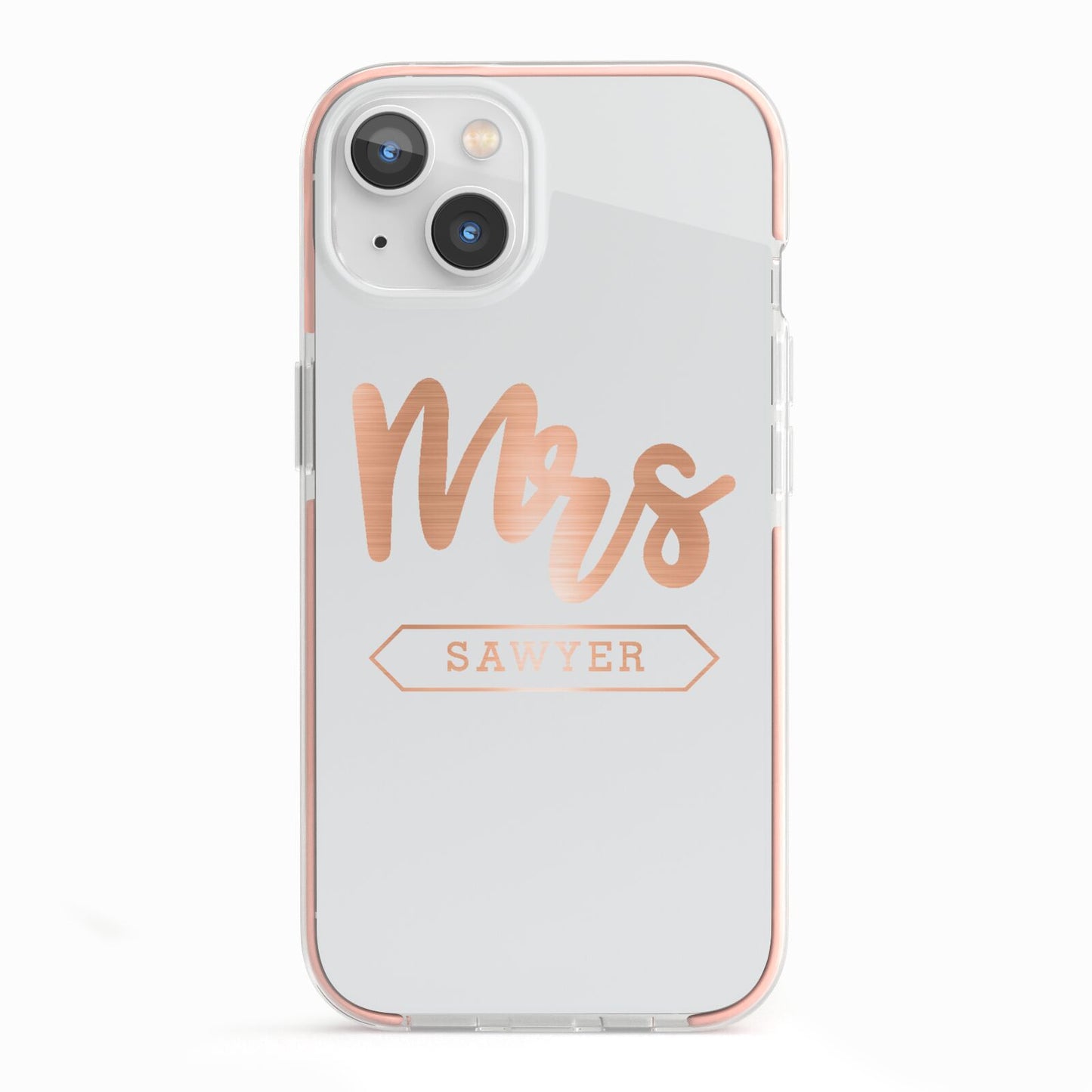Personalised Rose Gold Mrs Surname On Grey iPhone 13 TPU Impact Case with Pink Edges