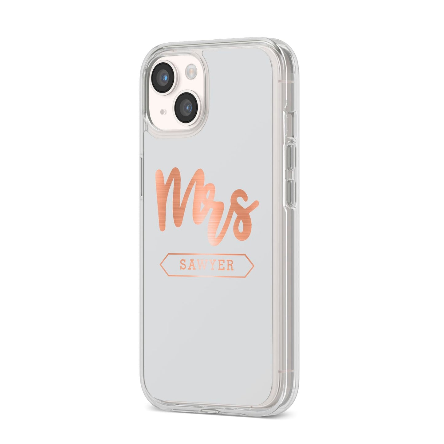 Personalised Rose Gold Mrs Surname On Grey iPhone 14 Clear Tough Case Starlight Angled Image