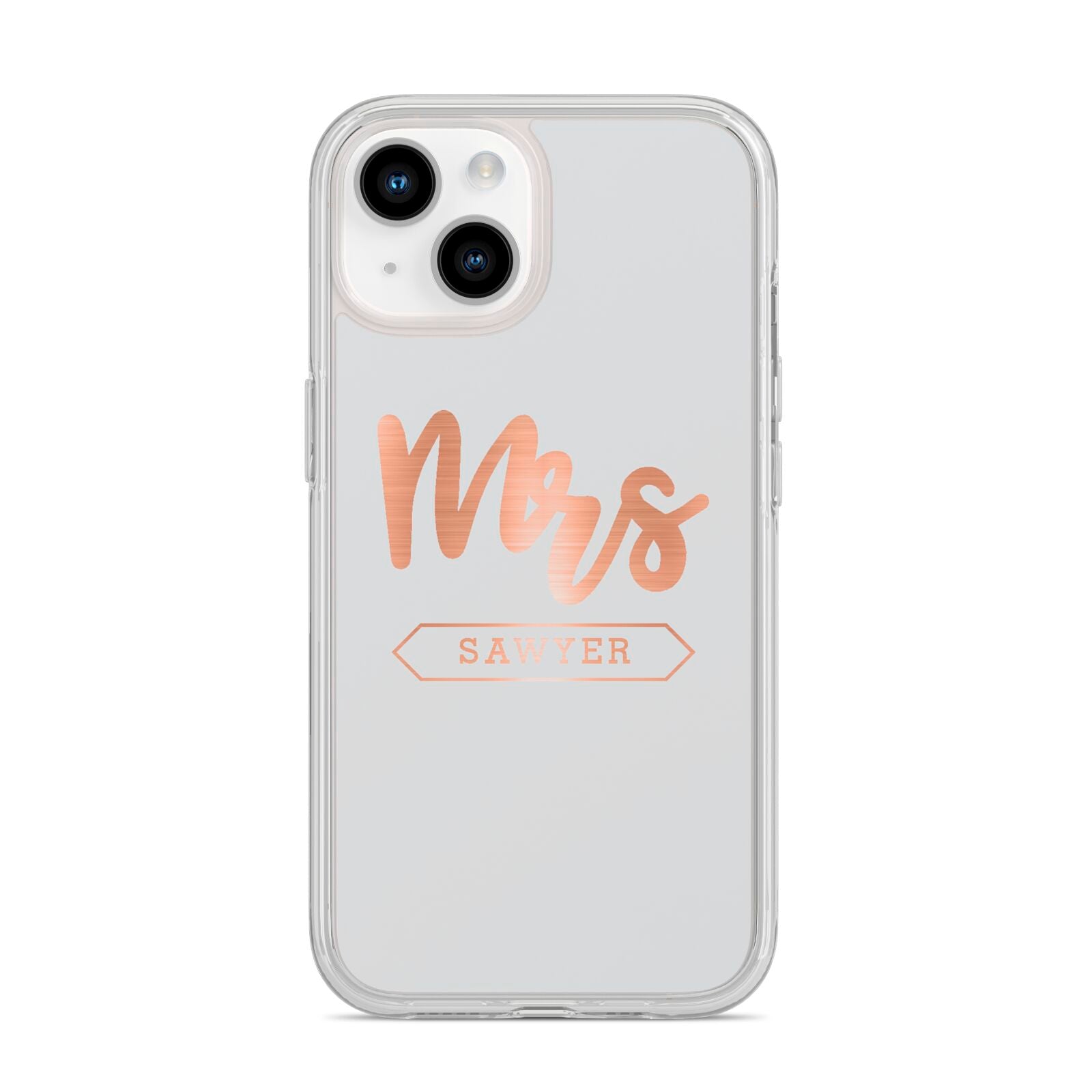 Personalised Rose Gold Mrs Surname On Grey iPhone 14 Clear Tough Case Starlight