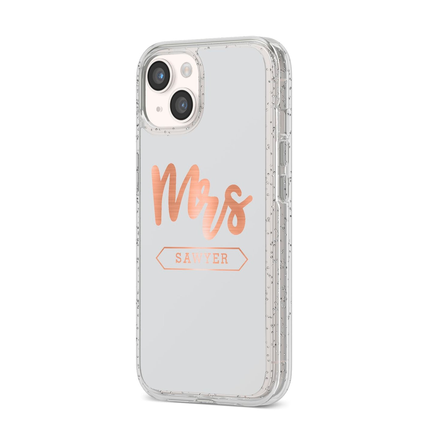 Personalised Rose Gold Mrs Surname On Grey iPhone 14 Glitter Tough Case Starlight Angled Image