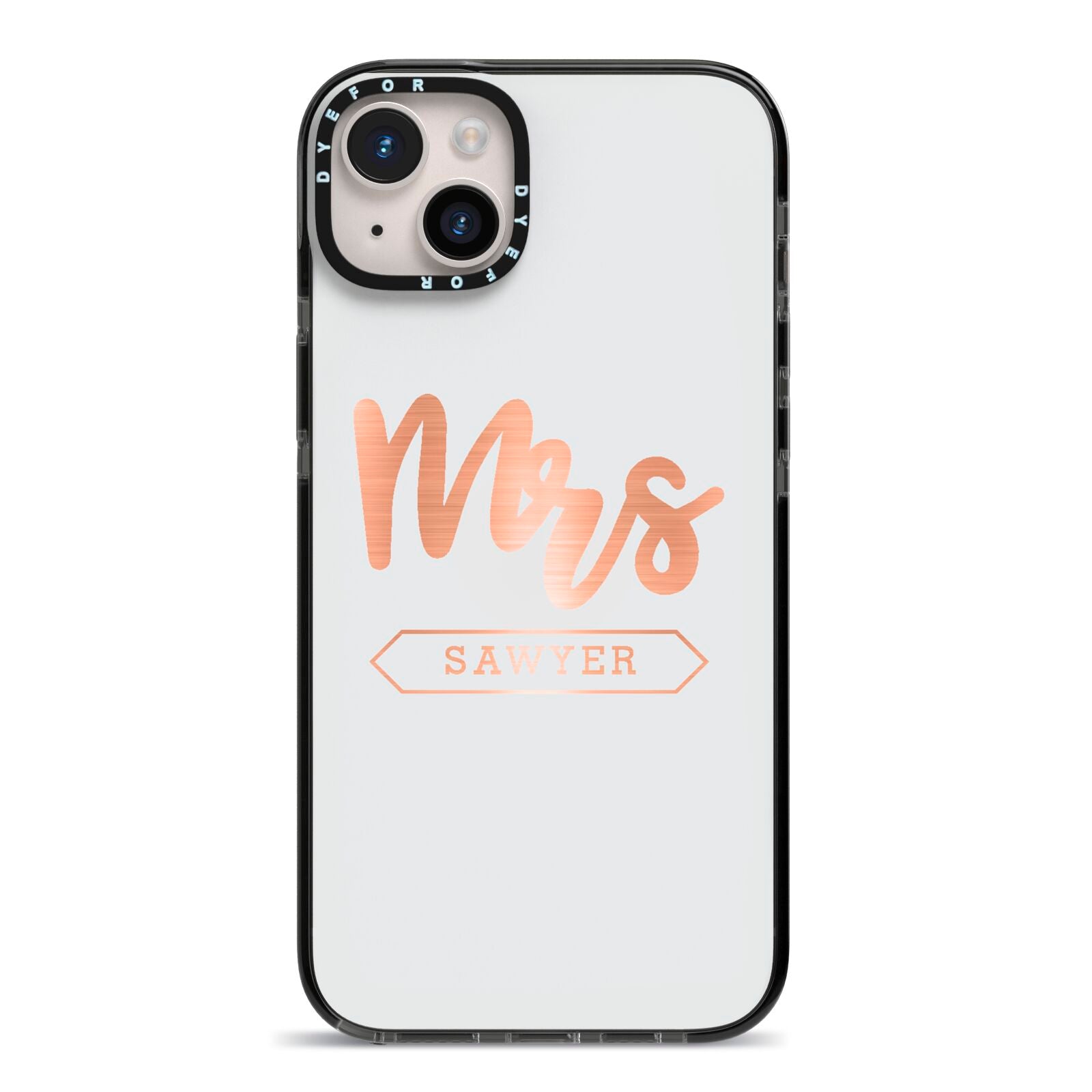 Personalised Rose Gold Mrs Surname On Grey iPhone 14 Plus Black Impact Case on Silver phone