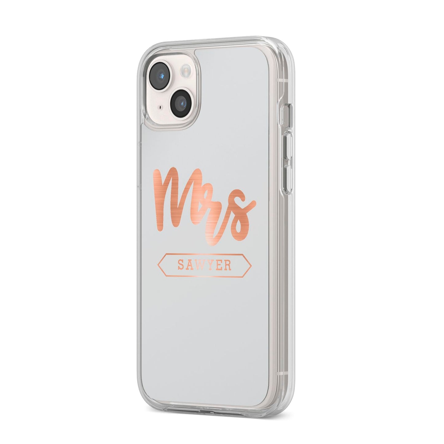 Personalised Rose Gold Mrs Surname On Grey iPhone 14 Plus Clear Tough Case Starlight Angled Image