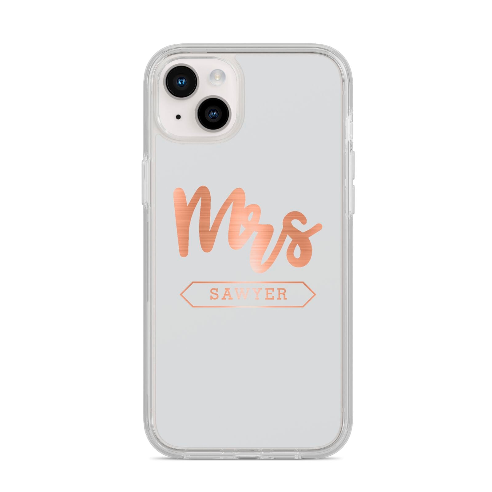 Personalised Rose Gold Mrs Surname On Grey iPhone 14 Plus Clear Tough Case Starlight